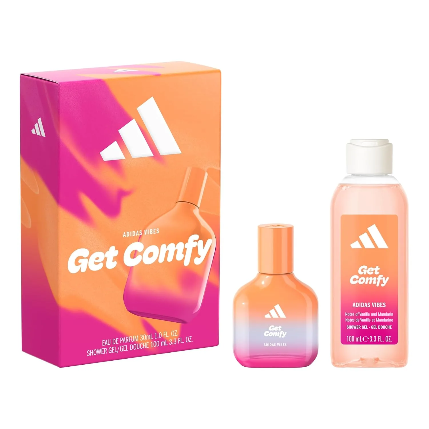 adidas Vibes Get Comfy Giftset 1 fl oz EDP + 3.3 fl oz Shower Gel, Notes of Amber Floral, Mandarin, and Vanilla, Unisex Fragrance, Long Lasting, Sporty Fragrance, Travel Size