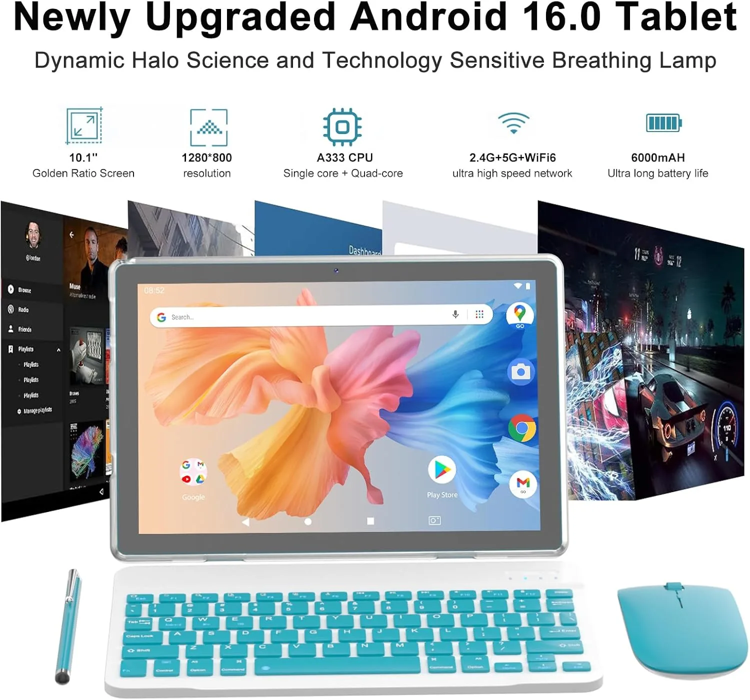 Android 16 Tablet 10 Inch, 12(3+9) GB RAM+64GB ROM, 2 in 1 Tablets with Keyboard Case Mouse Stylus, 2.0GHz Five-core Processor, 1280 * 800 IPS HD Screen, 5G WiFi6 BT 5.3 Tableta PC