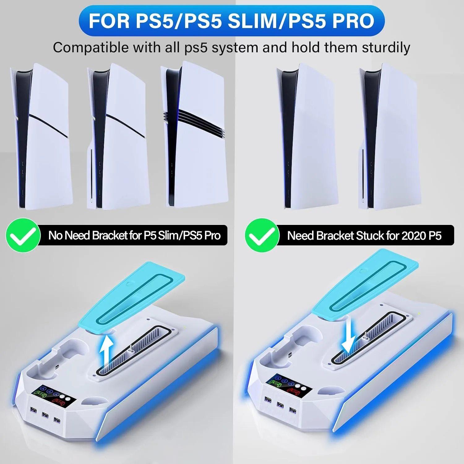 Slim Cooling Station Stand LED with Dual Controller Charging Station for PlayStation 5 Console, PS 5 Accessories Incl. Controller Charger, Cooling Fan, Headset Holder, 3 USB Hub- LED White