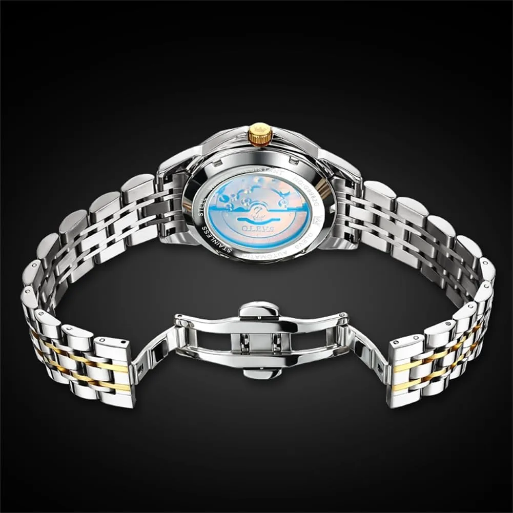OLEVS Skeleton Men Watches Automatic Business Luxury Diamond Self Winding Watch for Men Stainless Steel Calendar Wrist Watch