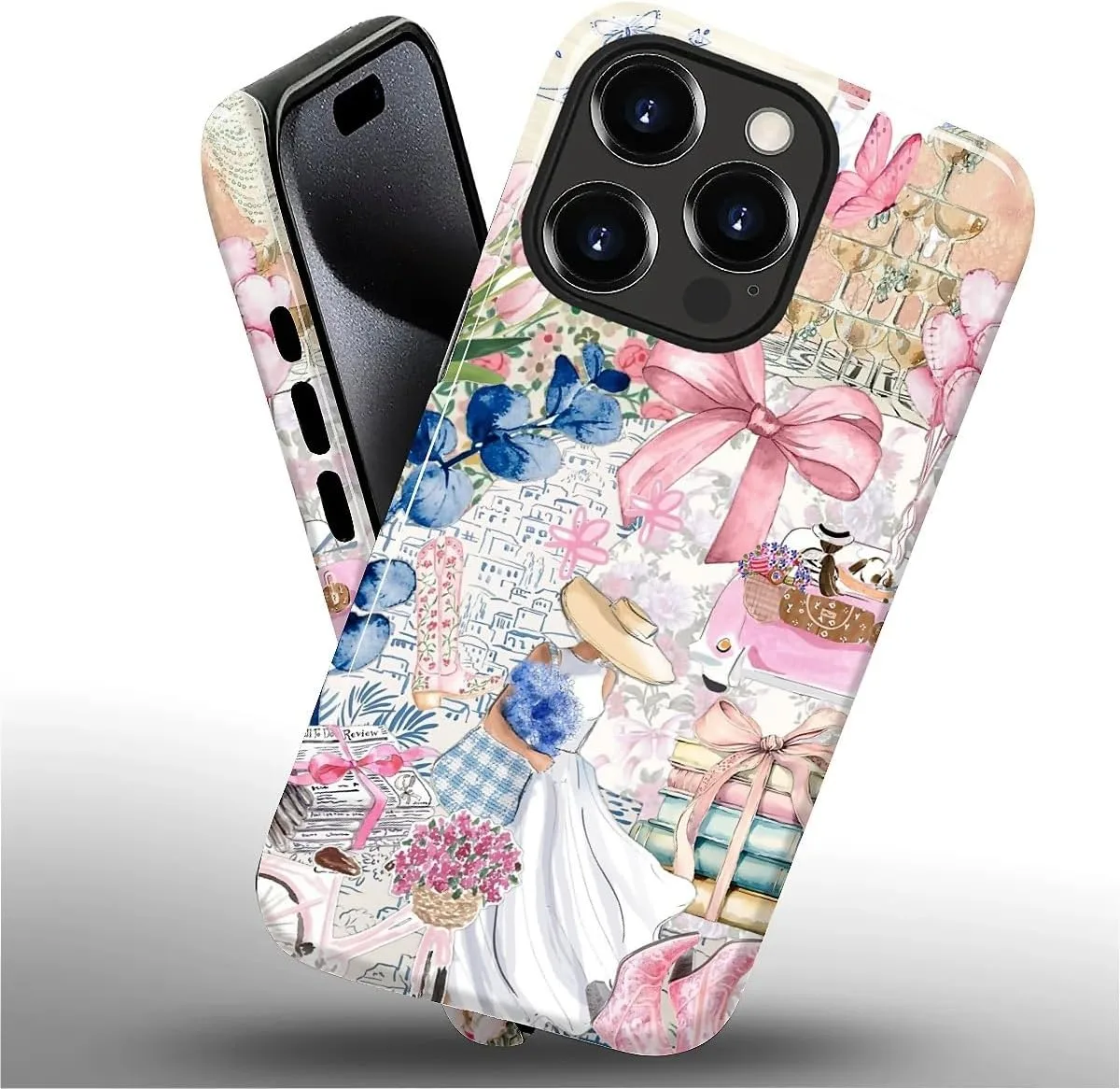 DAIZAG Case for iPhone 15 Pro,Mixed 2 Layer Design Shockproof Soft TPU Ddouble Protection Phone Case for iPhone 15 Pro-Magazine Books Flower Bow Collage