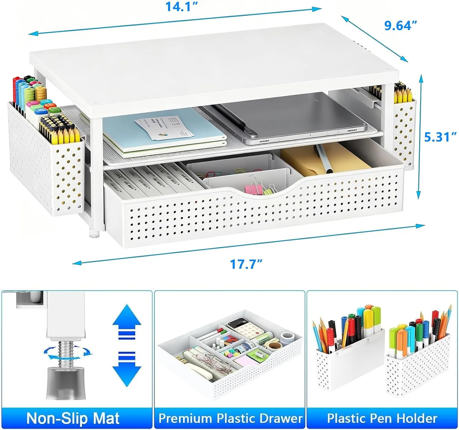 gianotter Desk Organizers and Accessories, Monitor Stand with Drawer and 2 Pen Holder, Desktop Organizer Suitable for Offices and Dormitories (White-Plain)