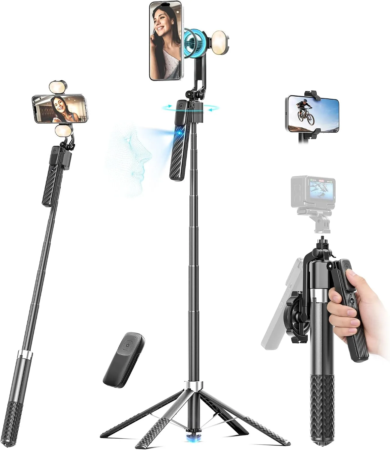 Oldshark 71" Auto Face Tracking Tripod Detachable Light, 1-Sec Quick Setup Magnetic Tripod for iPhone, No App Needed 360° Rotating Phone & Camera Tripod, Content Creator Essentials for TikTok YouTube