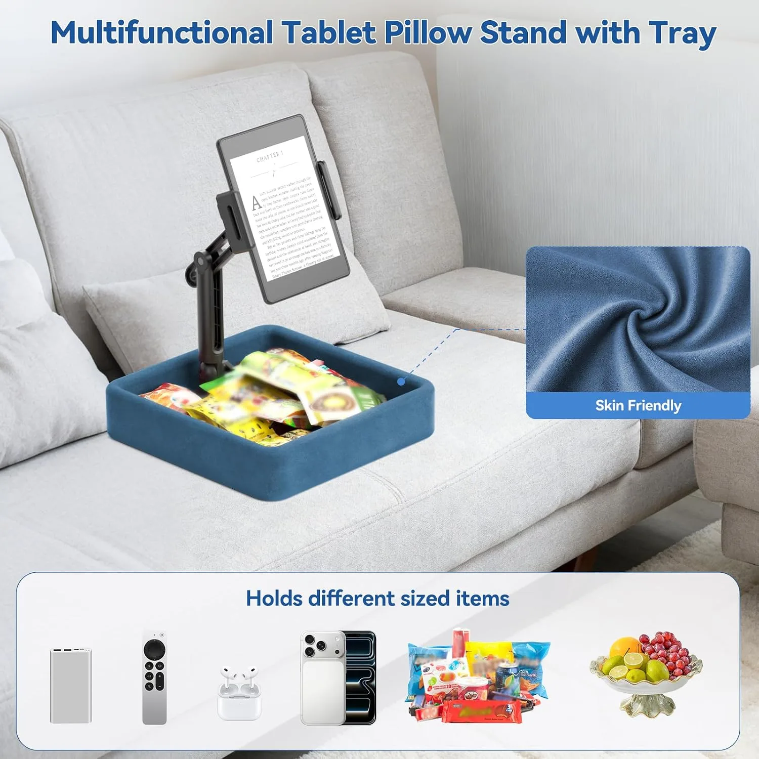 KDD Tablet Pillow Stand - Multi-Angle Adjustable iPad Holder for Lap, Bed and Desk - Foldable Kindle Soft Pad Dock with Storage Tray Compatible with iPad Pro 12.9, Air Mini, Phone, E-Reader