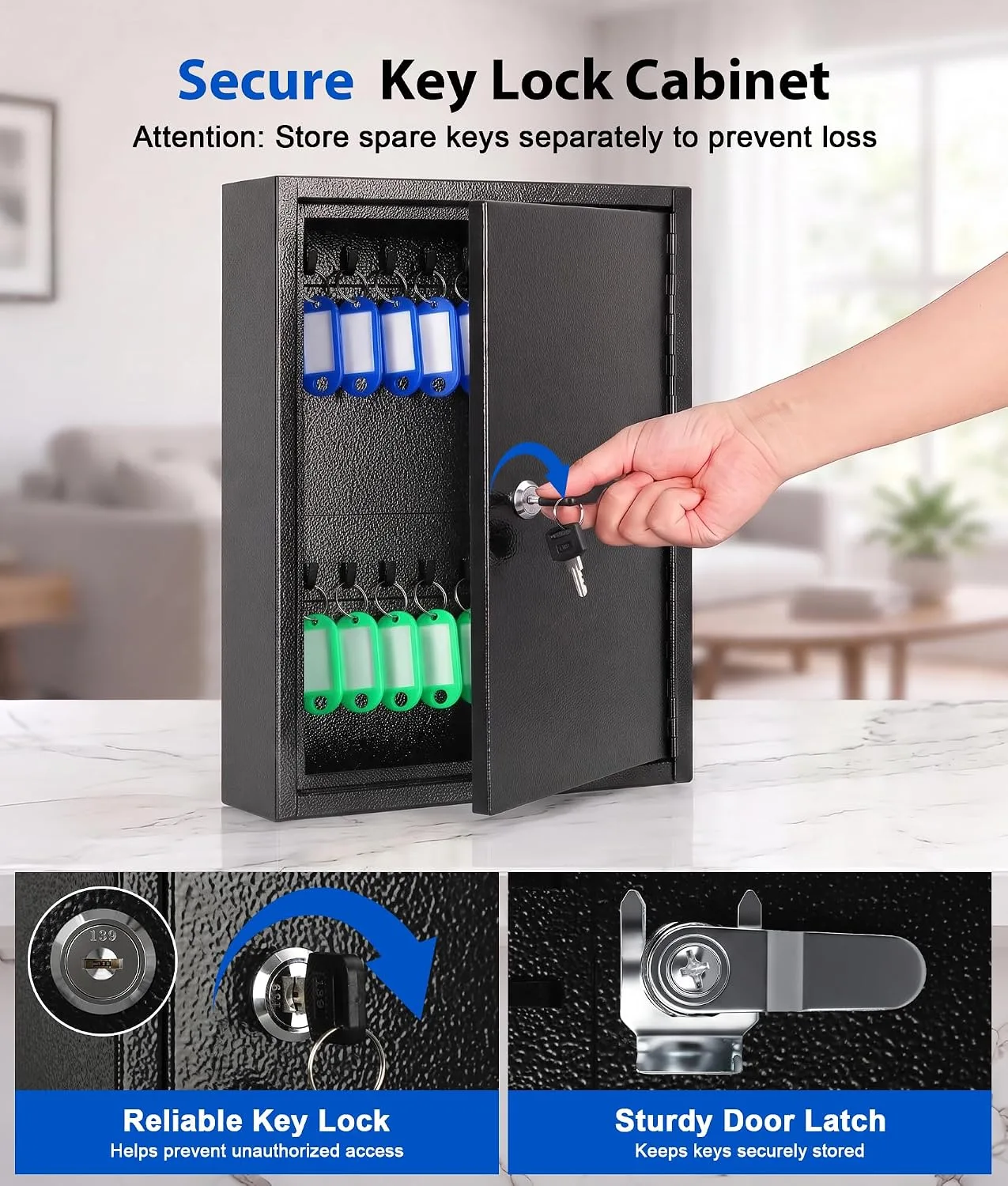 KYODOLED Key Box Wall Mount, 40-Key Cabinet with Key Lock, Black