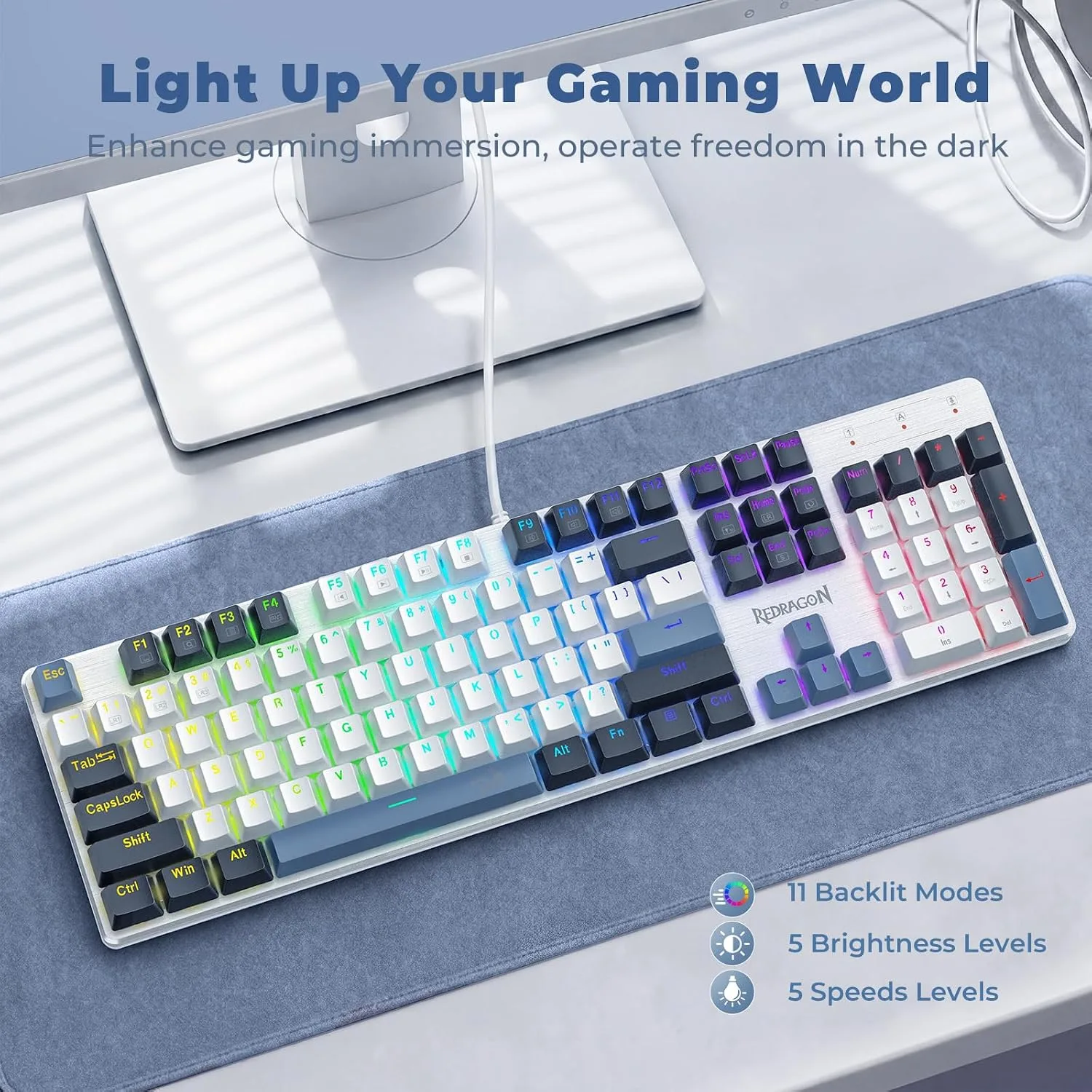 Redragon Mechanical Gaming Keyboard Wired, 11 Programmable Backlit Modes, Hot-Swappable Red Switch, Anti-Ghosting, Double-Shot PBT Keycaps, Light Up Keyboard for PC Mac, Blue