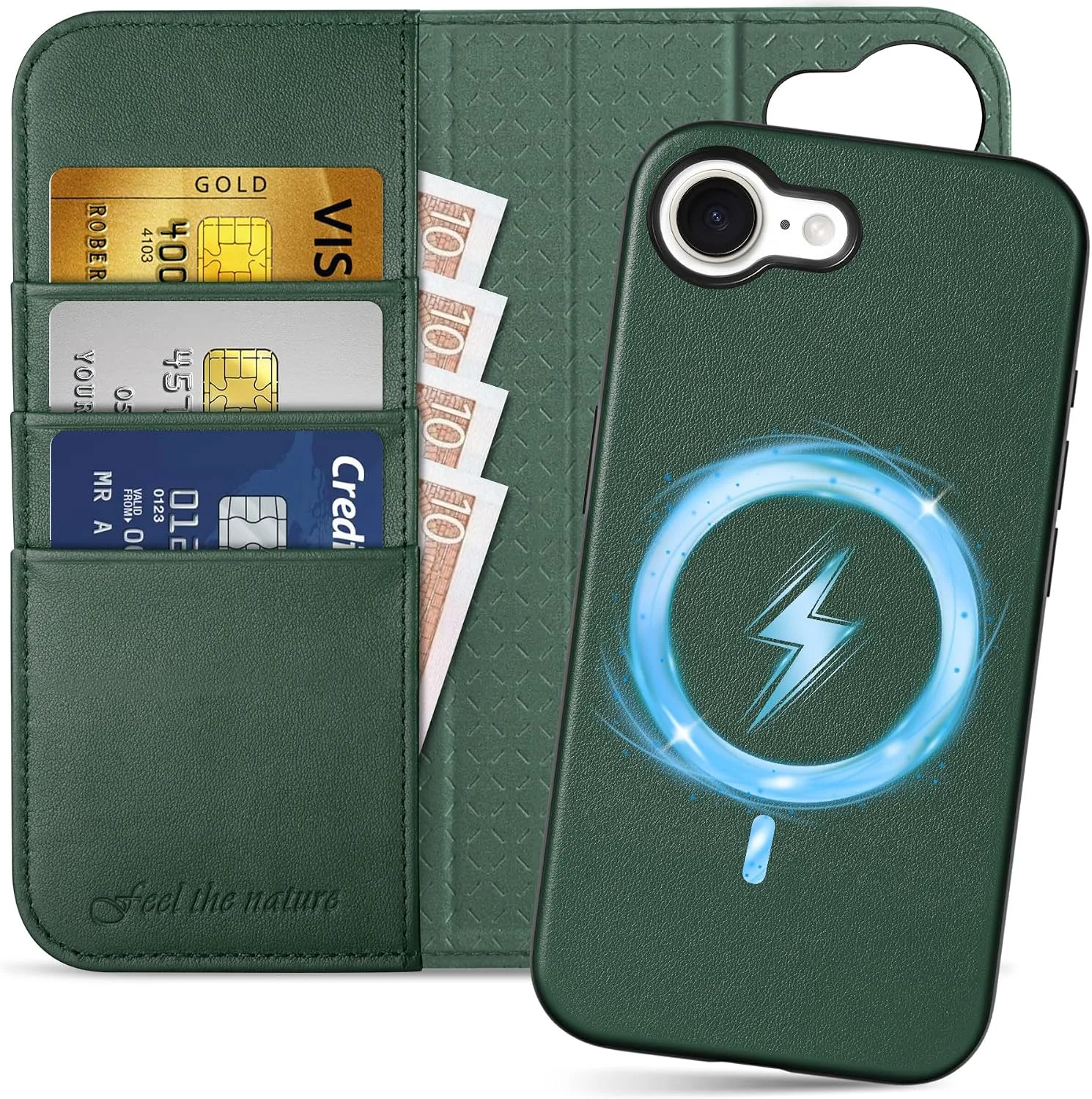 SHIELDON 2 in 1 Genuine Leather Case Wallet for iPhone 17e 6.1", Evergreen