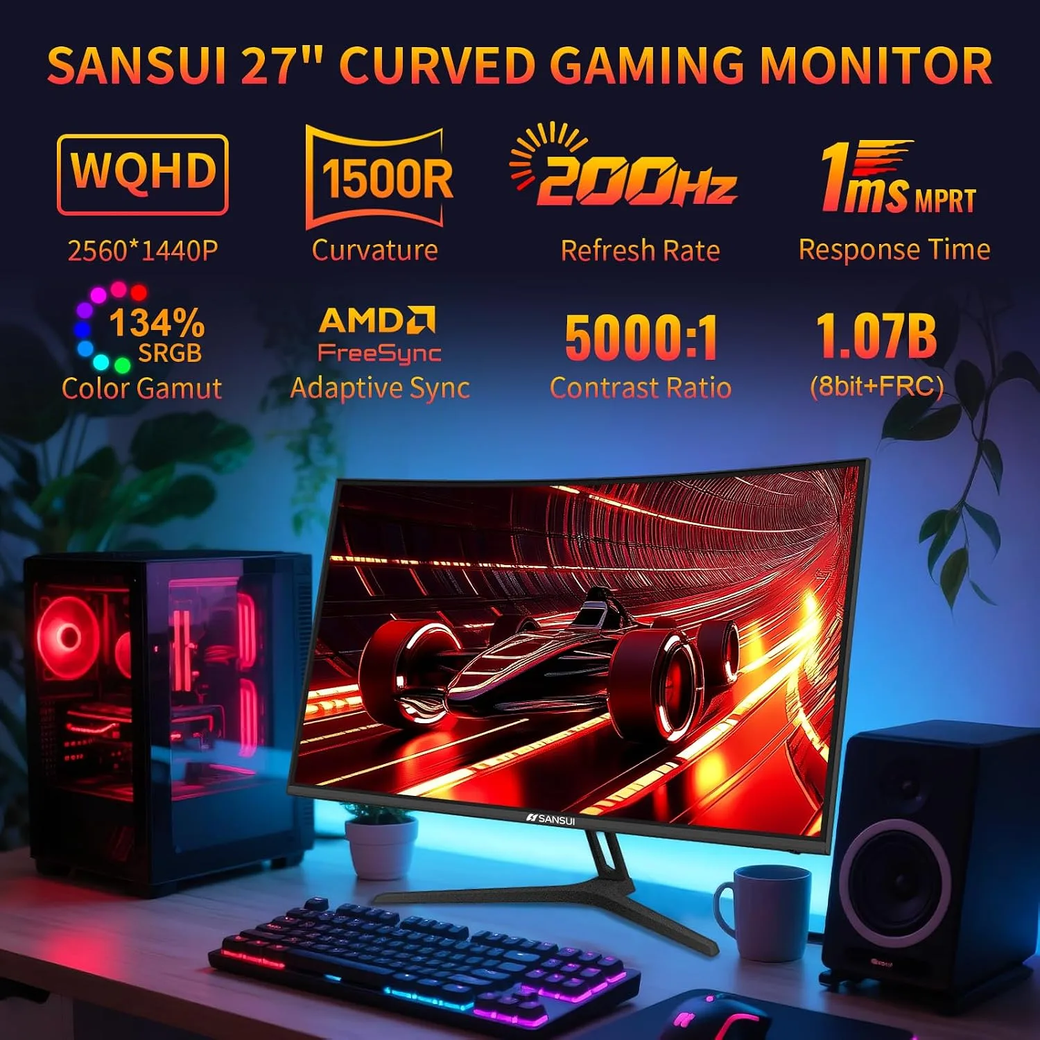 SANSUI 27 Inch WQHD 2560X1440 Curved Gaming Monitor 200Hz MPRT 1ms