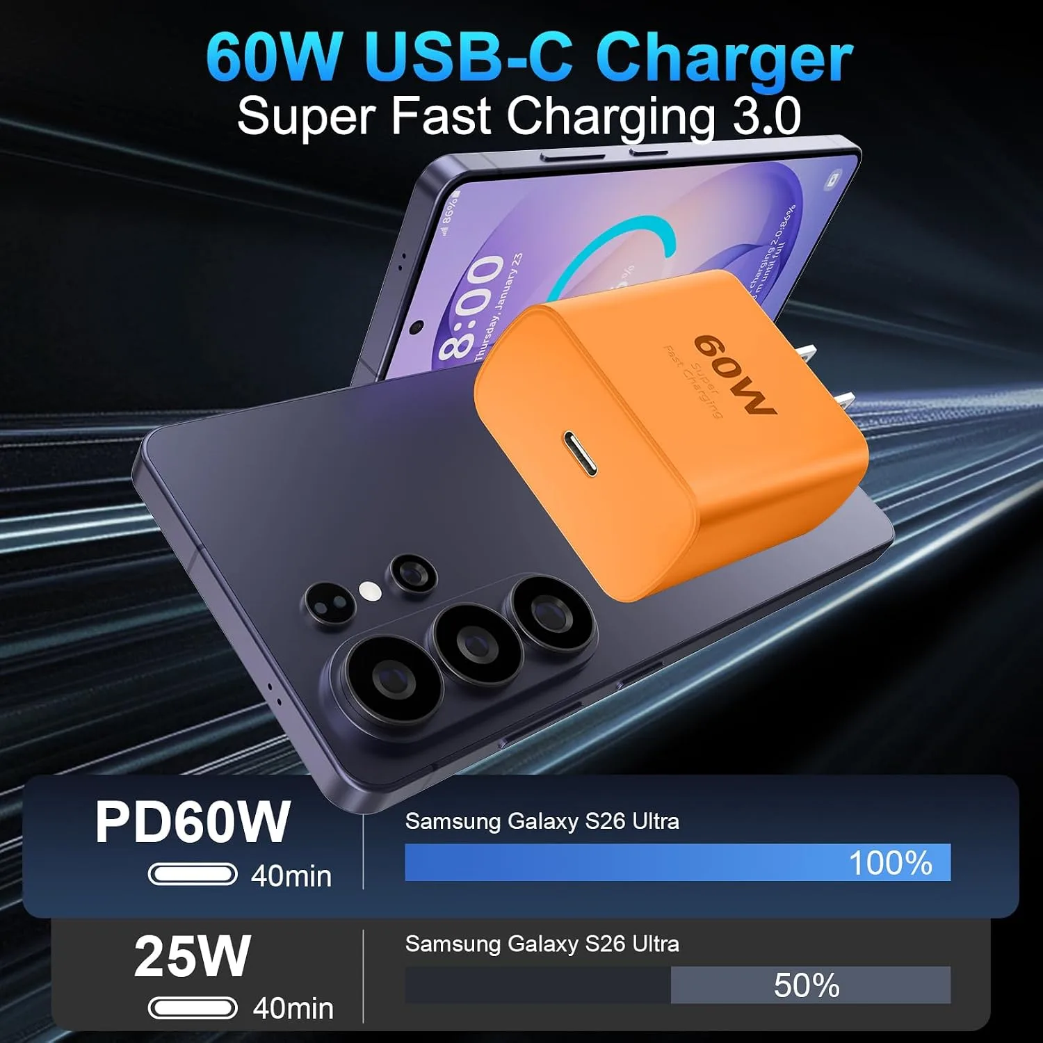 Type C Charger Fast Charging 60W Super Fast USB C Fast Charger Block with 10FT Extra Long C to C Charging Cord for Samsung Galaxy S26 Ultra/S26/S26+/S25 /S24/S23 Ultra/iPhone 17 16 15 Pro Max-Orange