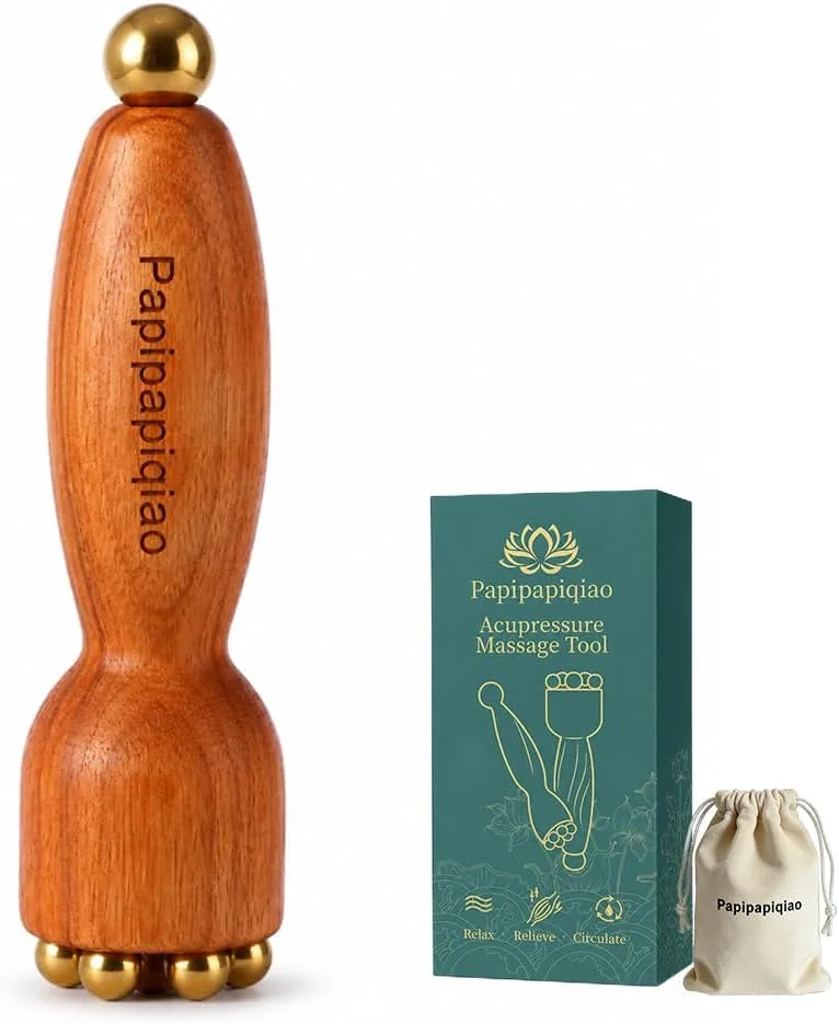 Eye Roller for Puffy-Looking Eyes, 1Pc Facial Massage Tool with Rosewood Handle and Copper Beads, Eye Massage Stick, Under Eye Roller Tool for Face Self Care