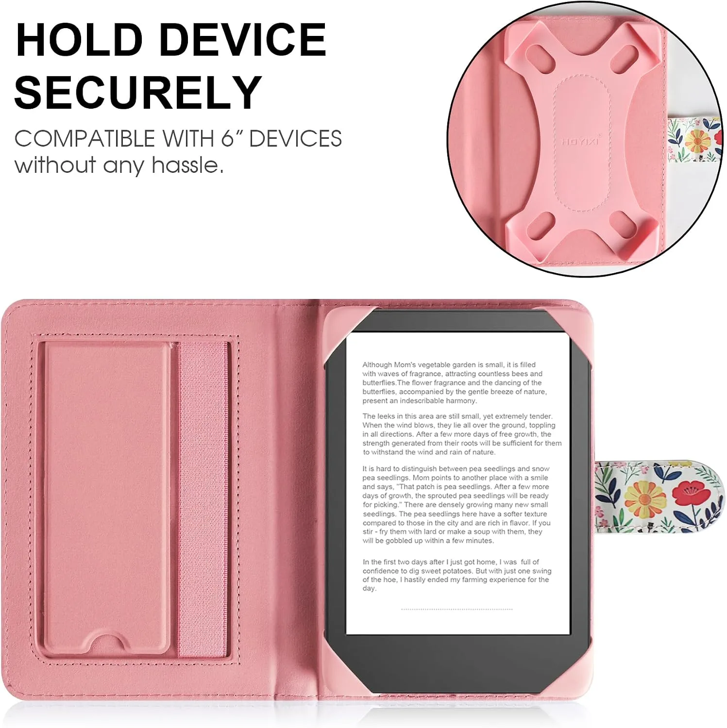 HoYiXi Universal Case for 6 inch eReader,Compatible with Kindle/Kobo Clara HD/Kobo Clara 2E/Paperwhite/Pocketbook/Tolino eReader,with HandStrap/Kickstand, Cover Case for 6'' eReaders,Floral