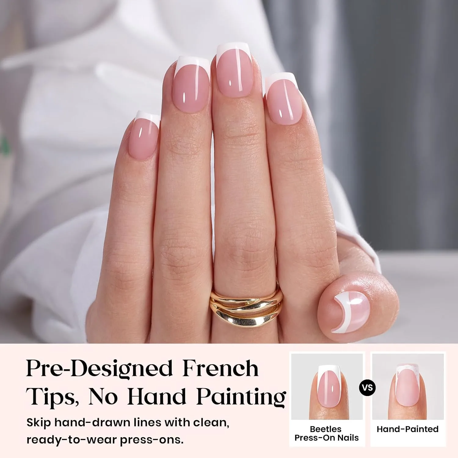 Beetles French Tip Press On Nails with Semi Solid Nail Glue, Short Square