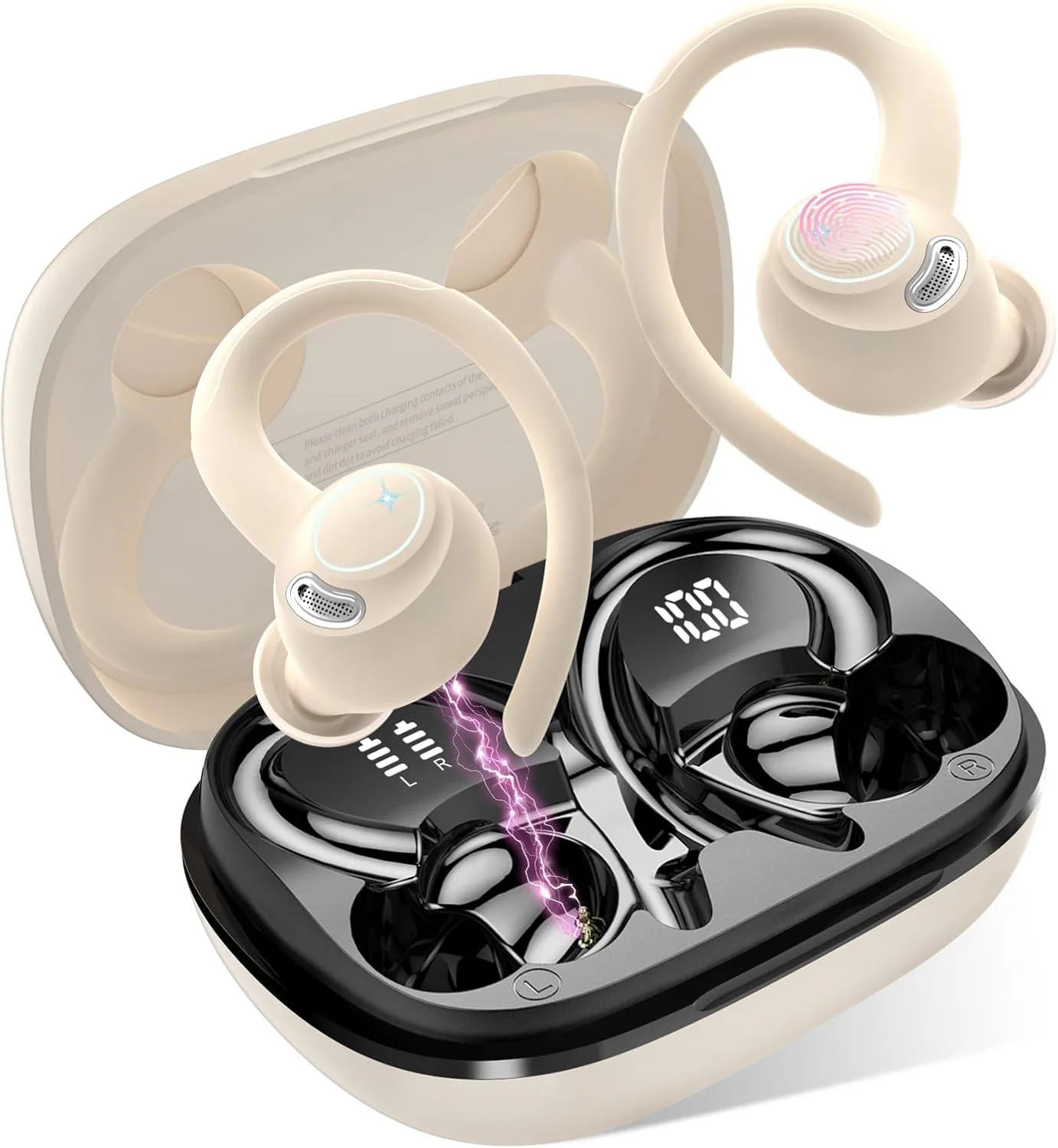 Wireless Earbuds, Bluetooth 5.4 Headphones Sport, Over Ear Buds with ENC Noise Canceling Mic, Deep Bass Stereo Ear Buds with Hook, 50H Playback, LED Display, IP7 Earphones for Workout Running, White