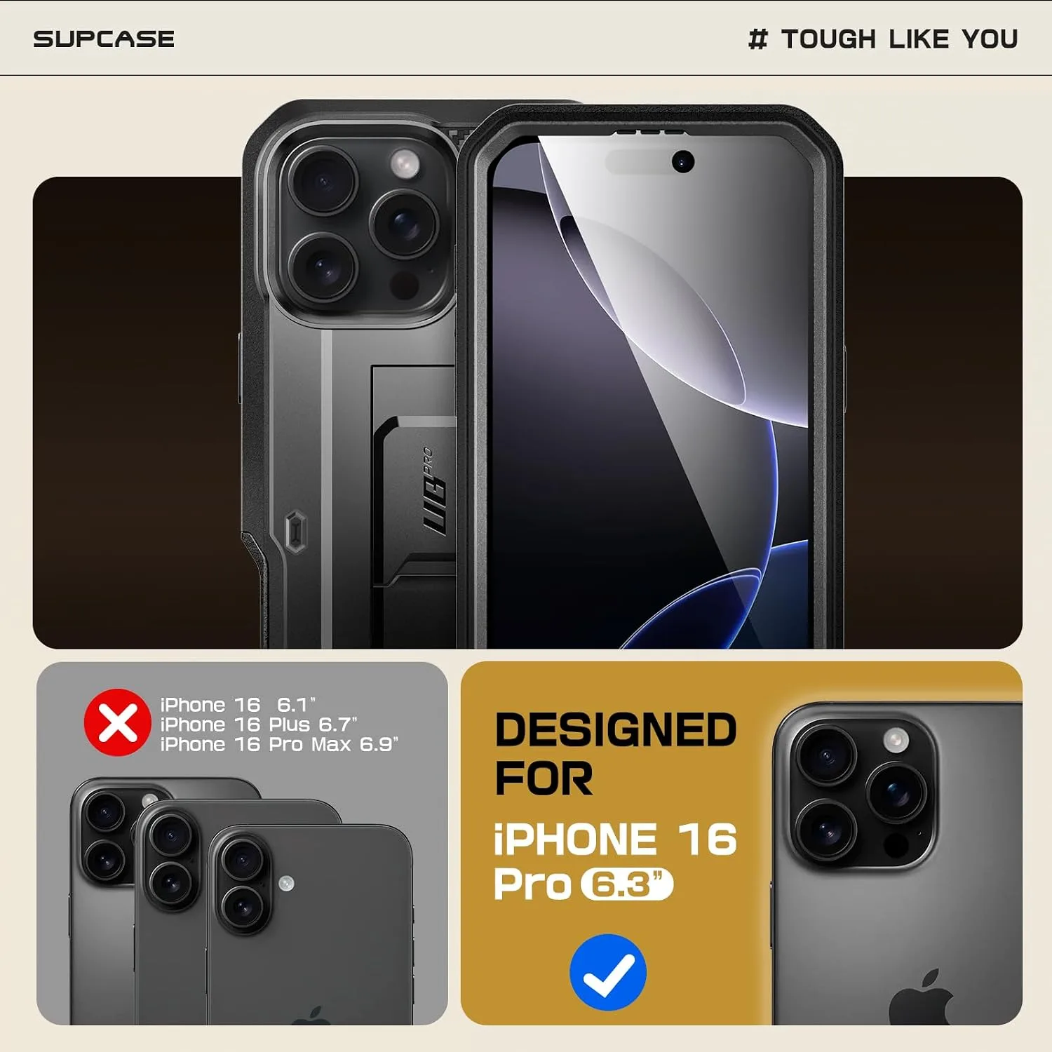 SUPCASE for iPhone 16 Pro Case with Screen Protector & Kickstand, Black