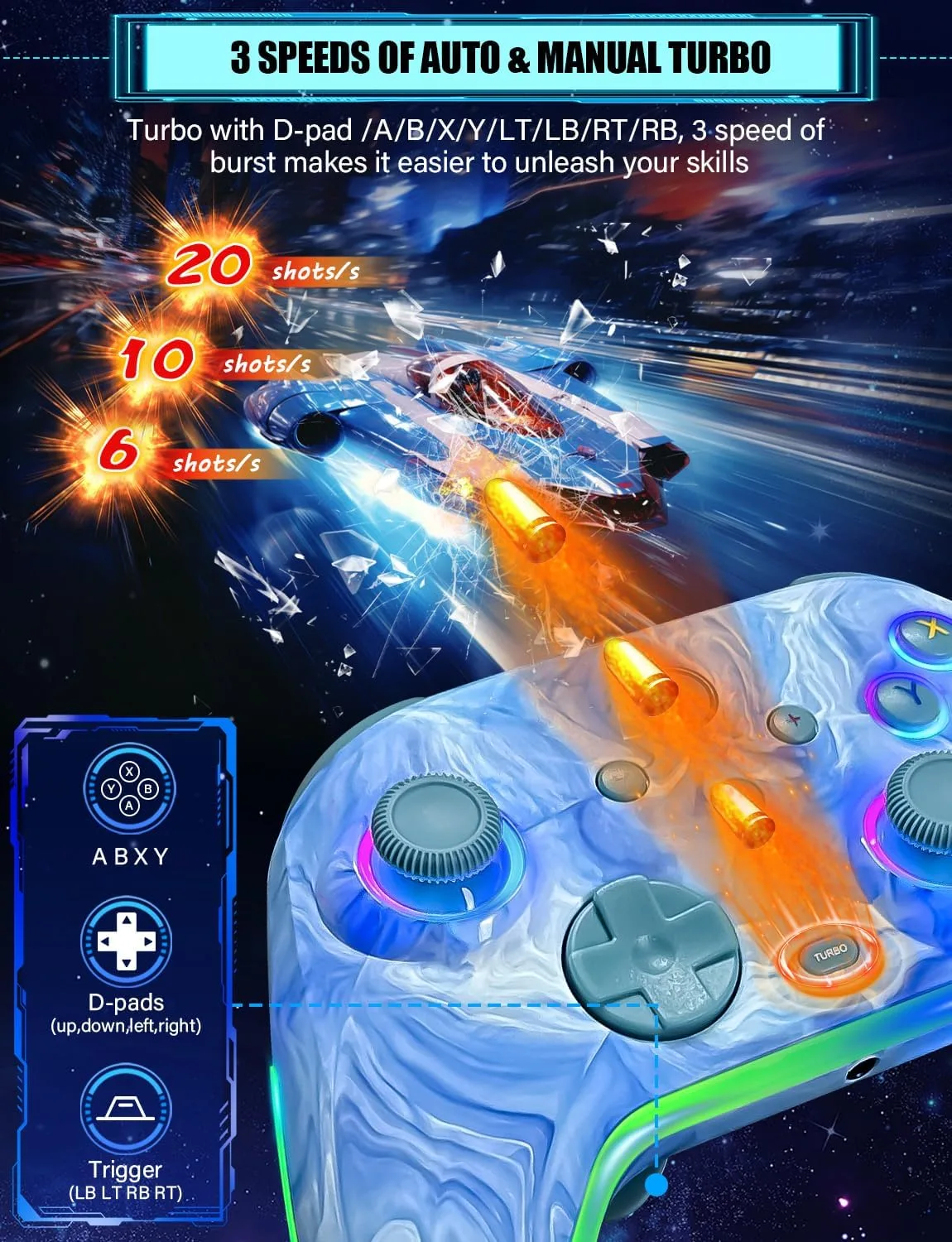 RJAD Switch Controllers Wireless for Nintendo Switch/Lite/OLED/Switch 2, 1200mAh Pro Controller, 10 Colors LED Switch Light up Gamepad, Switch Turbo Remote with Turbo/Gyro/Vibration/Motion Control