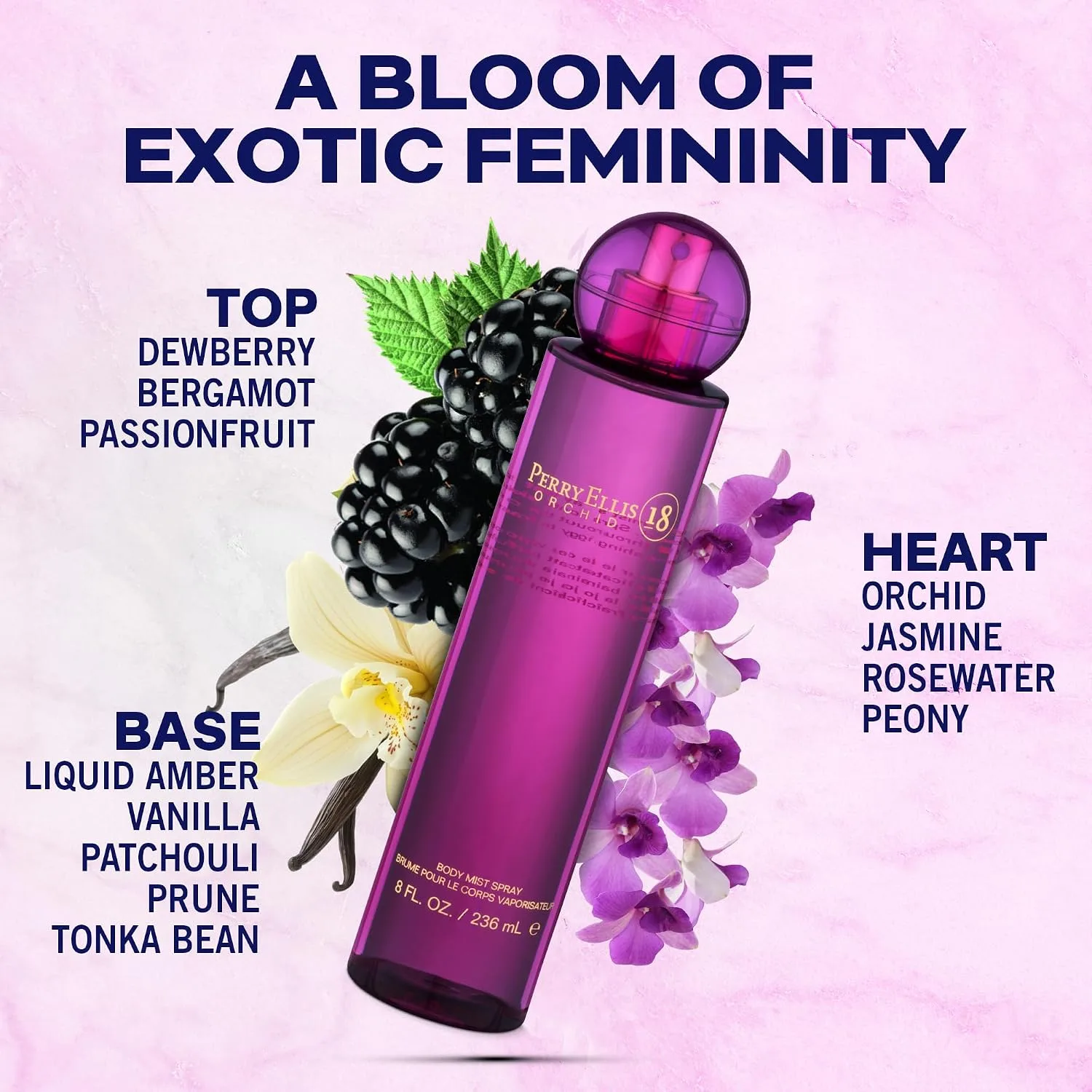 Perry Ellis 18 Orchid Body Spray for Women Long Lasting, 8 Fl Oz (200 mL)