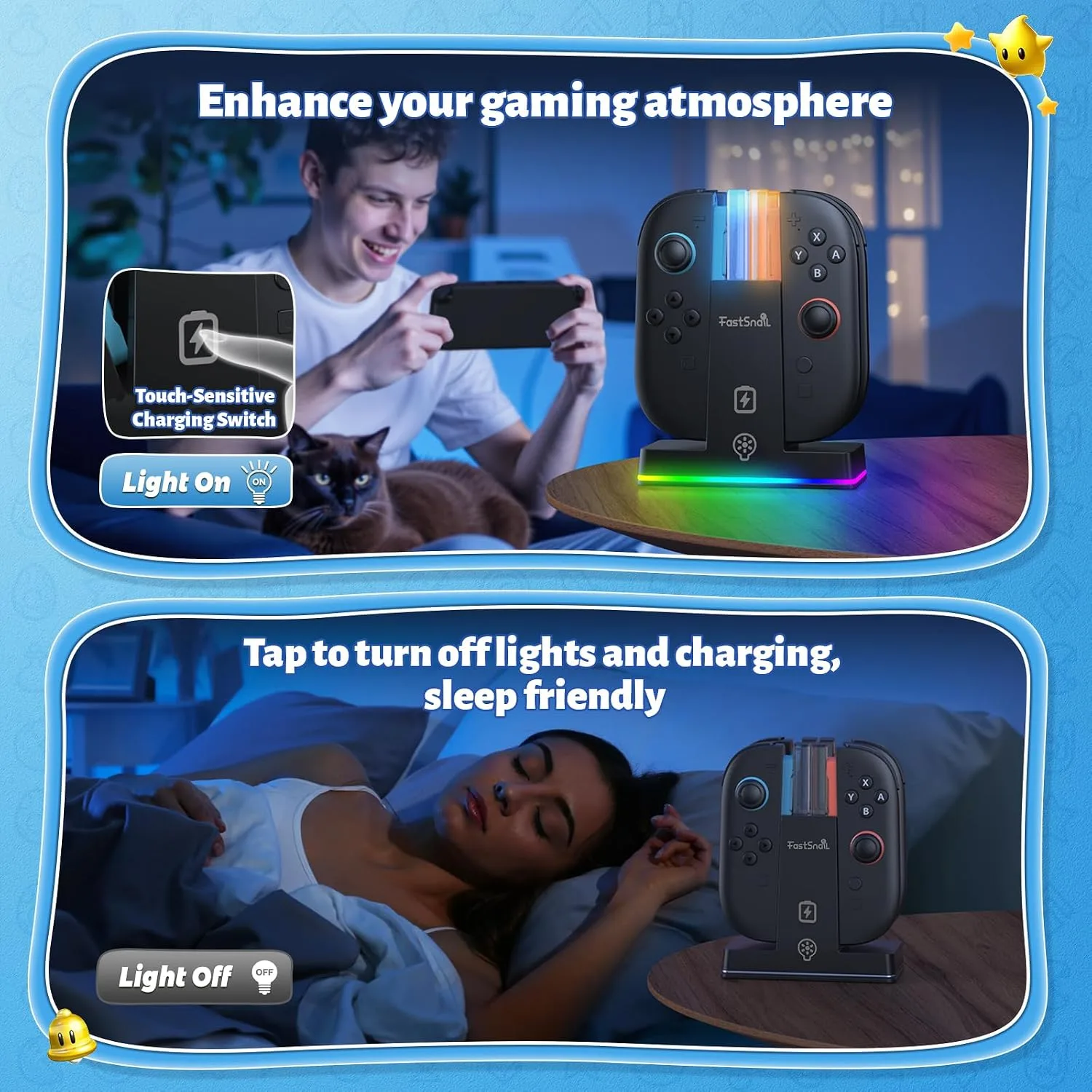 FASTSNAIL Charging Dock for Nintendo Switch 2(2025) for Joy-Con 2, Dual-Direction Magnetic Fast Controller Charger Station with 9 RGB Light & Charging Cable for Joycon 2 Stand Accessories