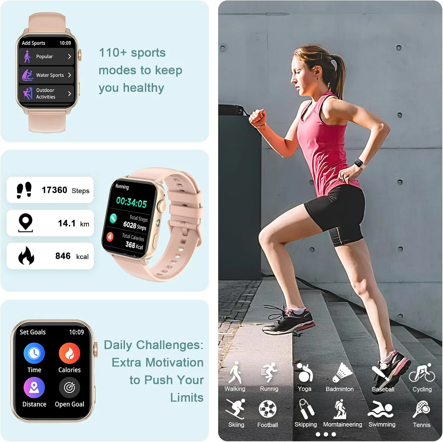 Smart Watch for Men Women, 1.91" HD Fitness Tracker with Bluetooth Calls, 32 FT Waterproof, 24/7 Heart Rate/Sleep Monitor, 120+ Sport Modes, Pedometer, Calories, Smartwatch for Android iOS（Pink）