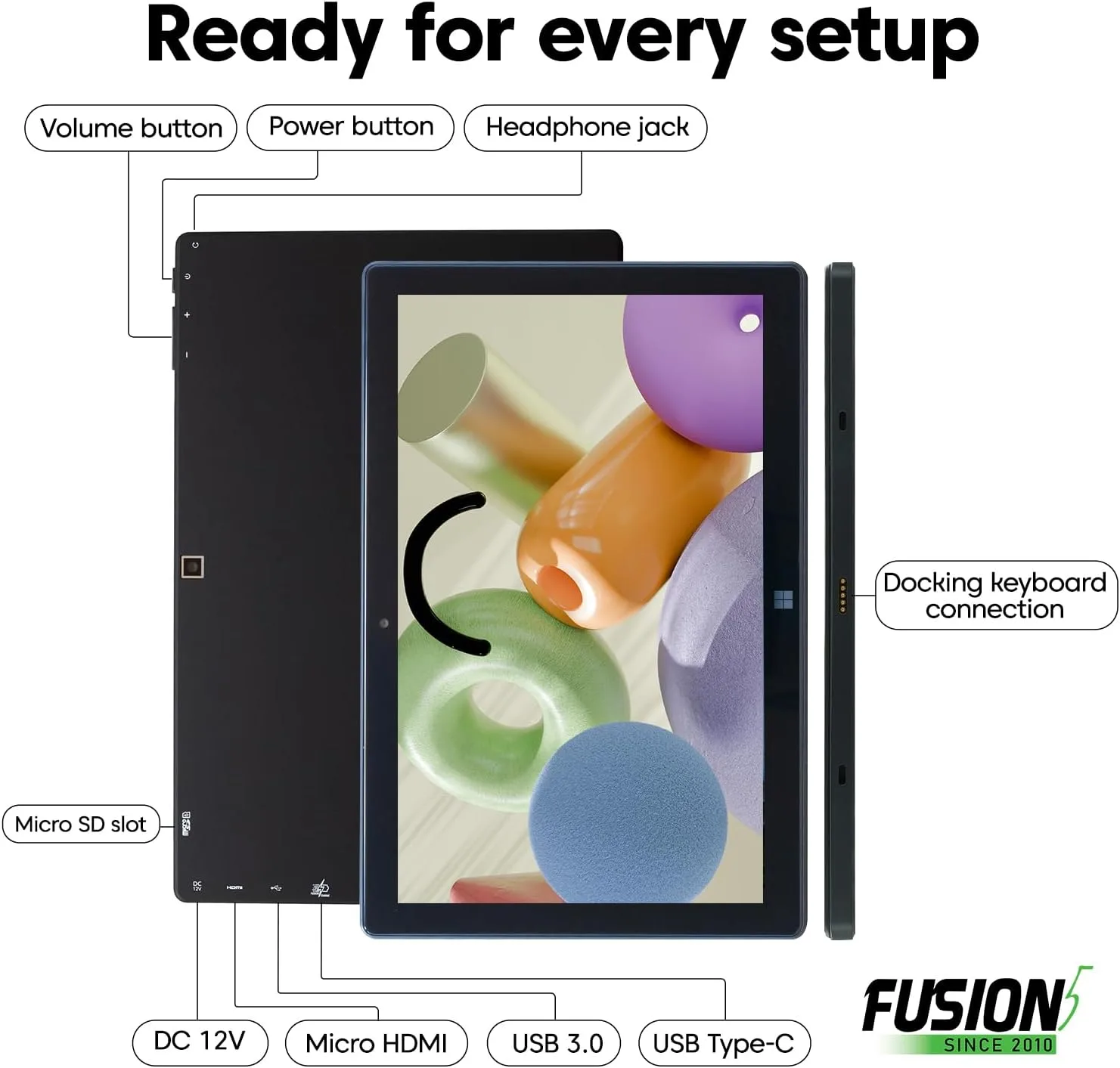 Fusion5 Built in USA 10.1” Windows 11 Tablet PC (March 2026 Release) - 12GB RAM, 256GB SSD, 13th Gen CPU, Full HD Windows Tablet Computer, USB C, HDMI - 2 Year Full Warranty with Accidental Damage