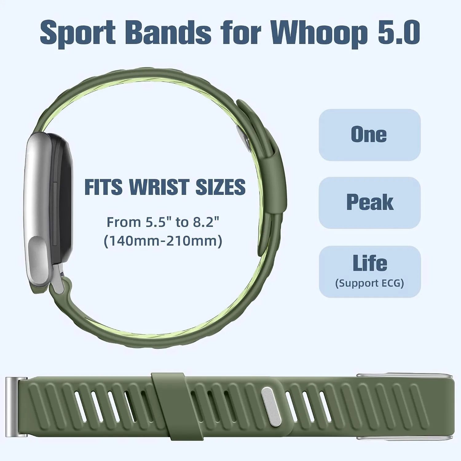 Getino Sport Band Compatible with Whoop 5.0 Bands One, Peak and Life/MG, Breathable Waterproof Silicone Adjustable Replacement Accessories Strap for Whoop Band 5.0 Fitness Activity Tracker, Green
