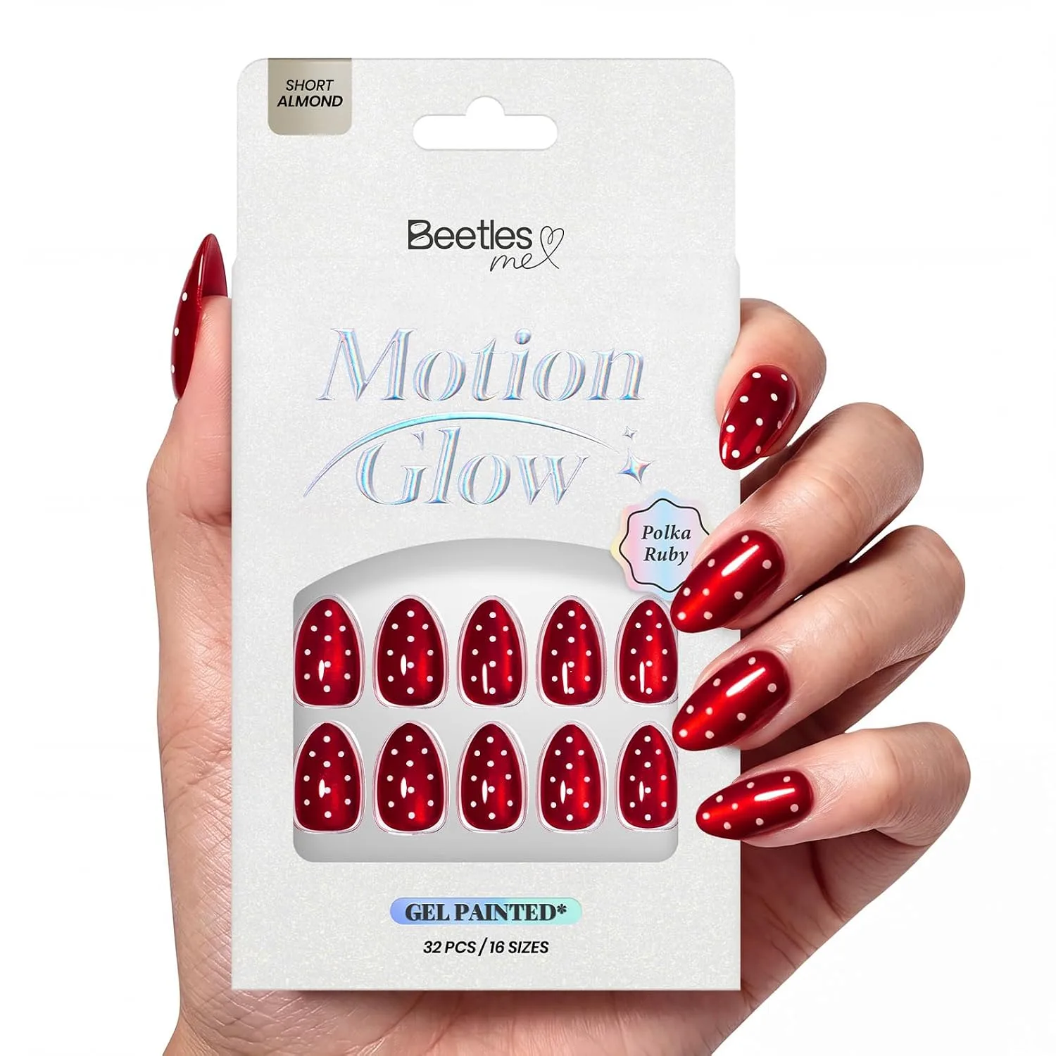 Beetles Red Press On Nails Short Almond, Halloween Cat Eye Polka Dot