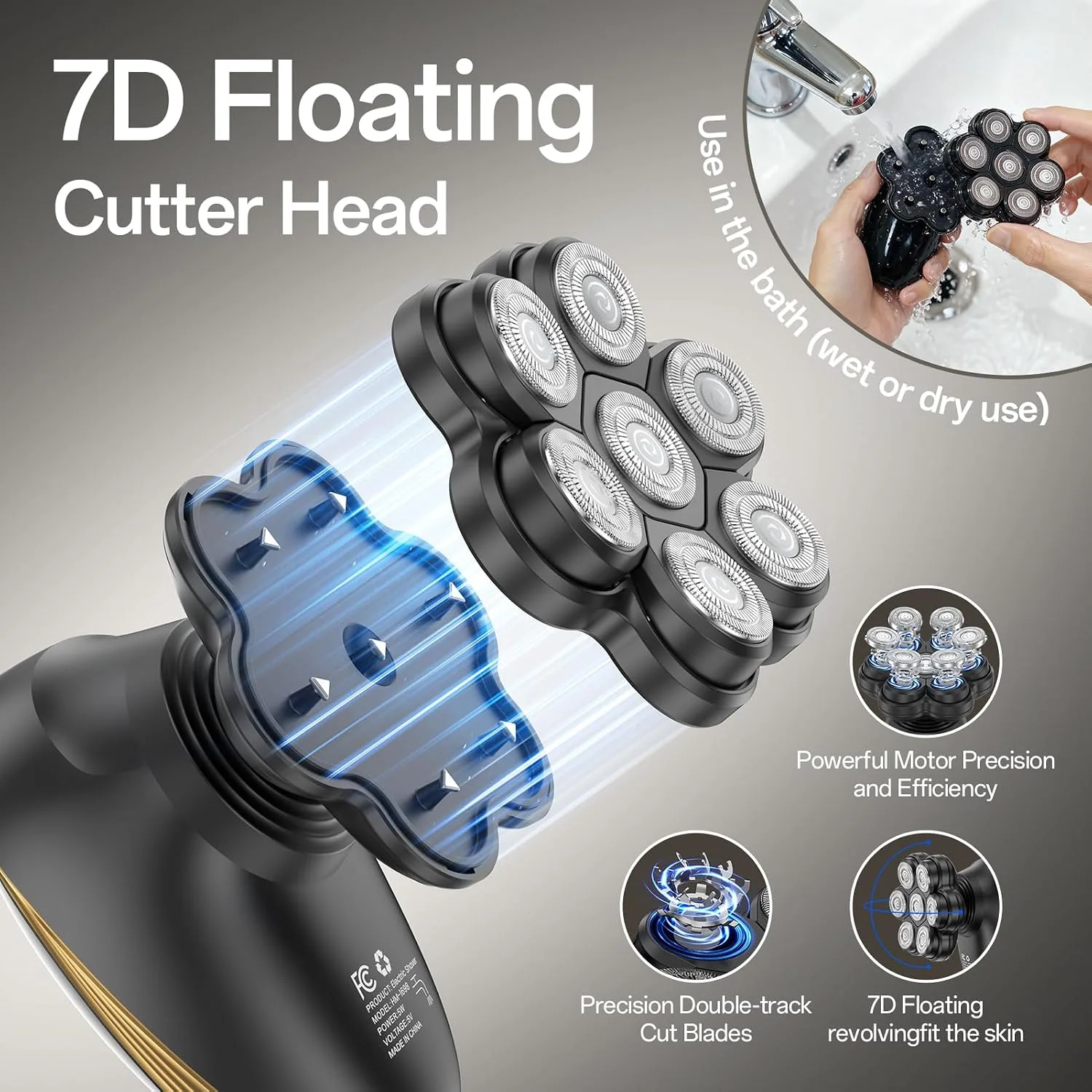 Head Shaver for Bald Men, Electric Shaver 7D Floating Magnetic Head Shaver, 5 in 1 Waterproof Electric Razor for Men IPX7 Wet Dry Beard Trimmer Type-C Fast Charge LED (Black)