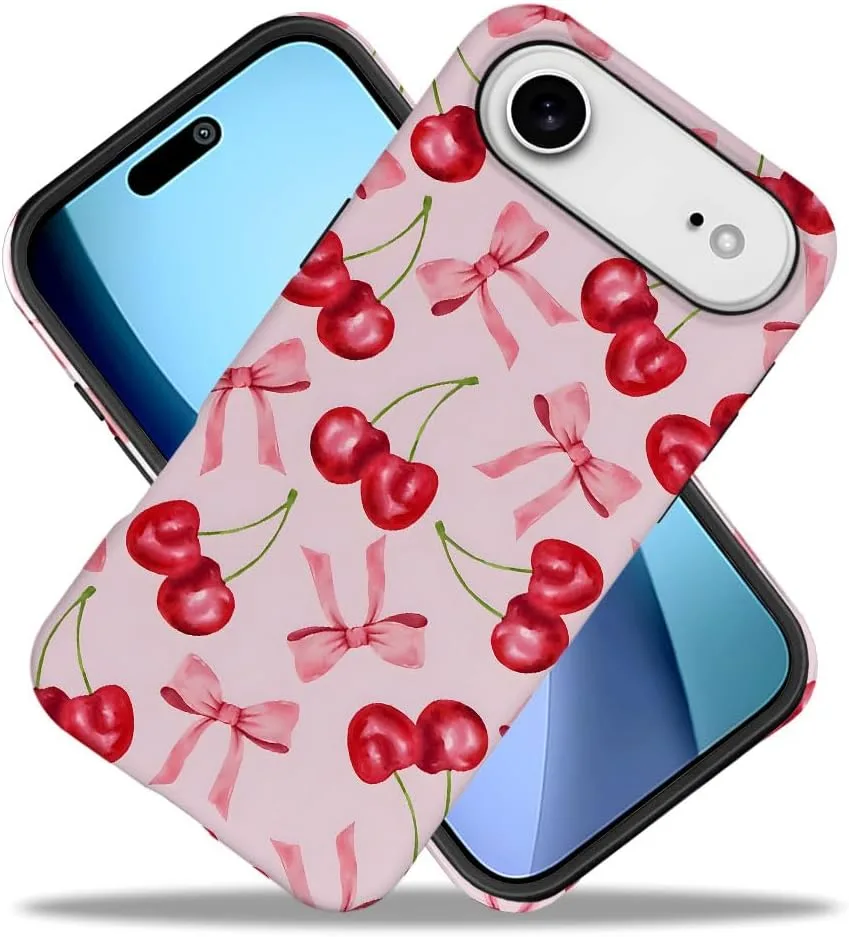 Case Compatible with iPhone 17 Air,Fall Prevention Hybrid 2-Layer Hard Shell Phone Cover for Girls Boys,Pink Bow Cherry Ribbon Fruit