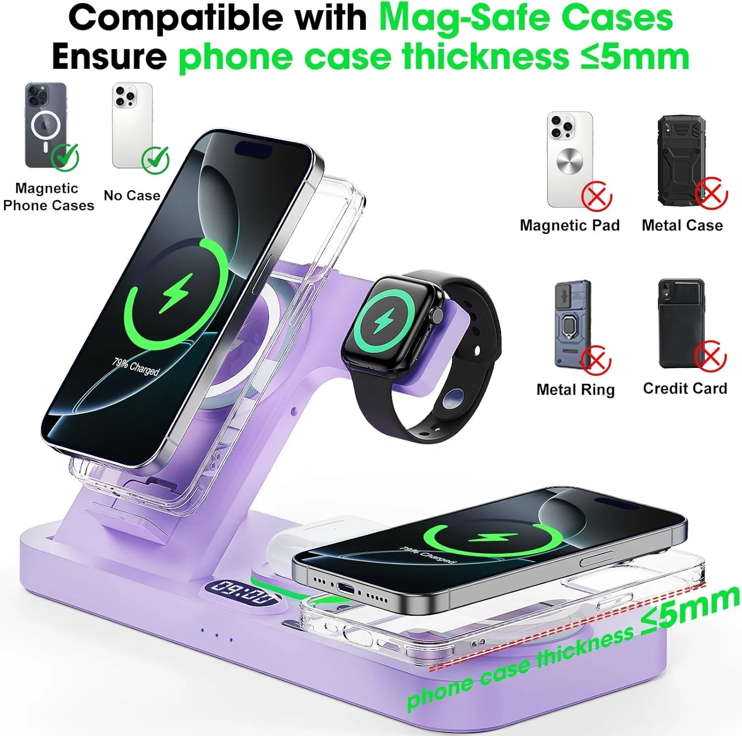 Dual Phone Foldable Wireless Charging Station for Apple, Couple&Family Use