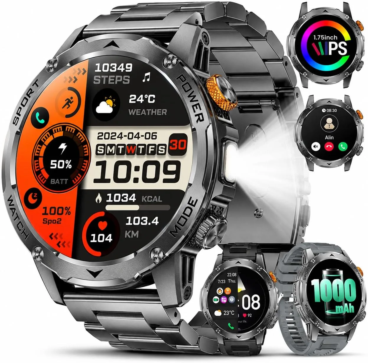 Smart Watch for Men with 1000mAh Battery/Flashlight, 1.75'' Military Smartwatch with 5ATM Waterproof/Heart Rate/Sleep Monitor,Answer Make Calls Fitness Tracker for Android iPhone Carbon