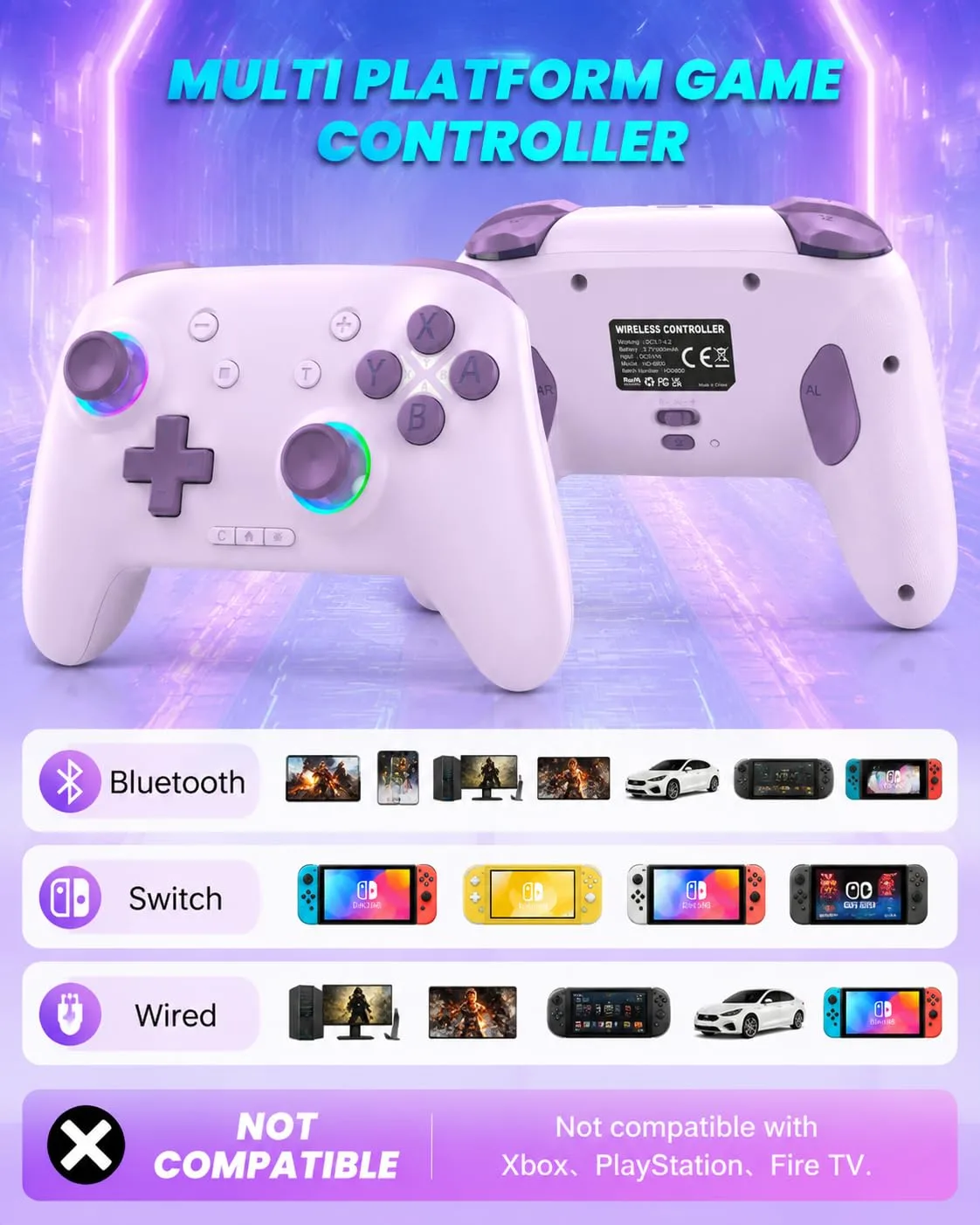 Switch Controller, Wireless Bluetooth Controller for Nintendo Switch 2/Switch/Lite/OLED, game controllers Compatible with iPhone/Mac/iPad/iOS/Android/Phone/PC/Steam and TV with Rotary Motors, RGB Hall Effect Joysticks/Macro Back Buttons/Turbo Modes/6-Axis/Motion/Wake up (Purple)