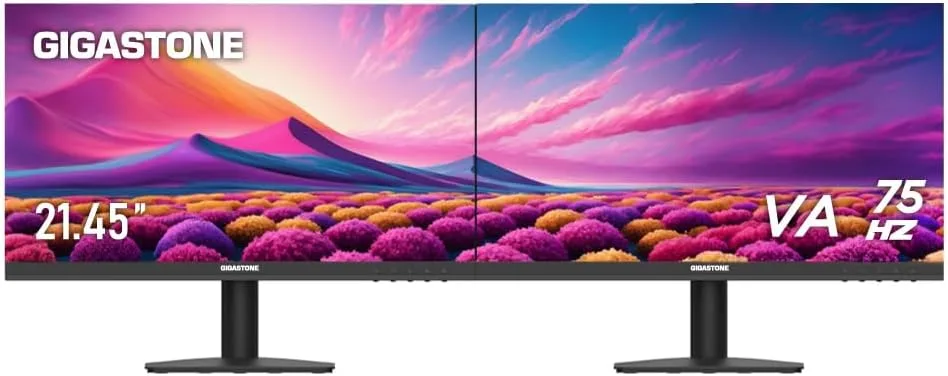 Gigastone 21.45 inch VA LED Back Light Monitor 2-Pack 75Hz FHD 1920 x 1080, 1080P 178° Wide View Frameless, Dual Monitor, 4ms, Eye Care Technology, Ergonomic Tilt VESA Mount, HDMI VGA