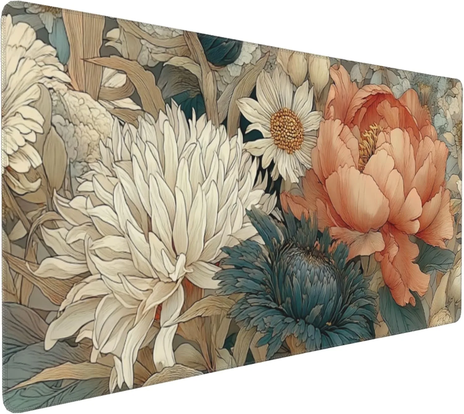 Retro Blossom Boho Floral Large Desk Pad, Anti-Slip Rubber Mouse Pad for Office and School, 35.4" x 15.7"