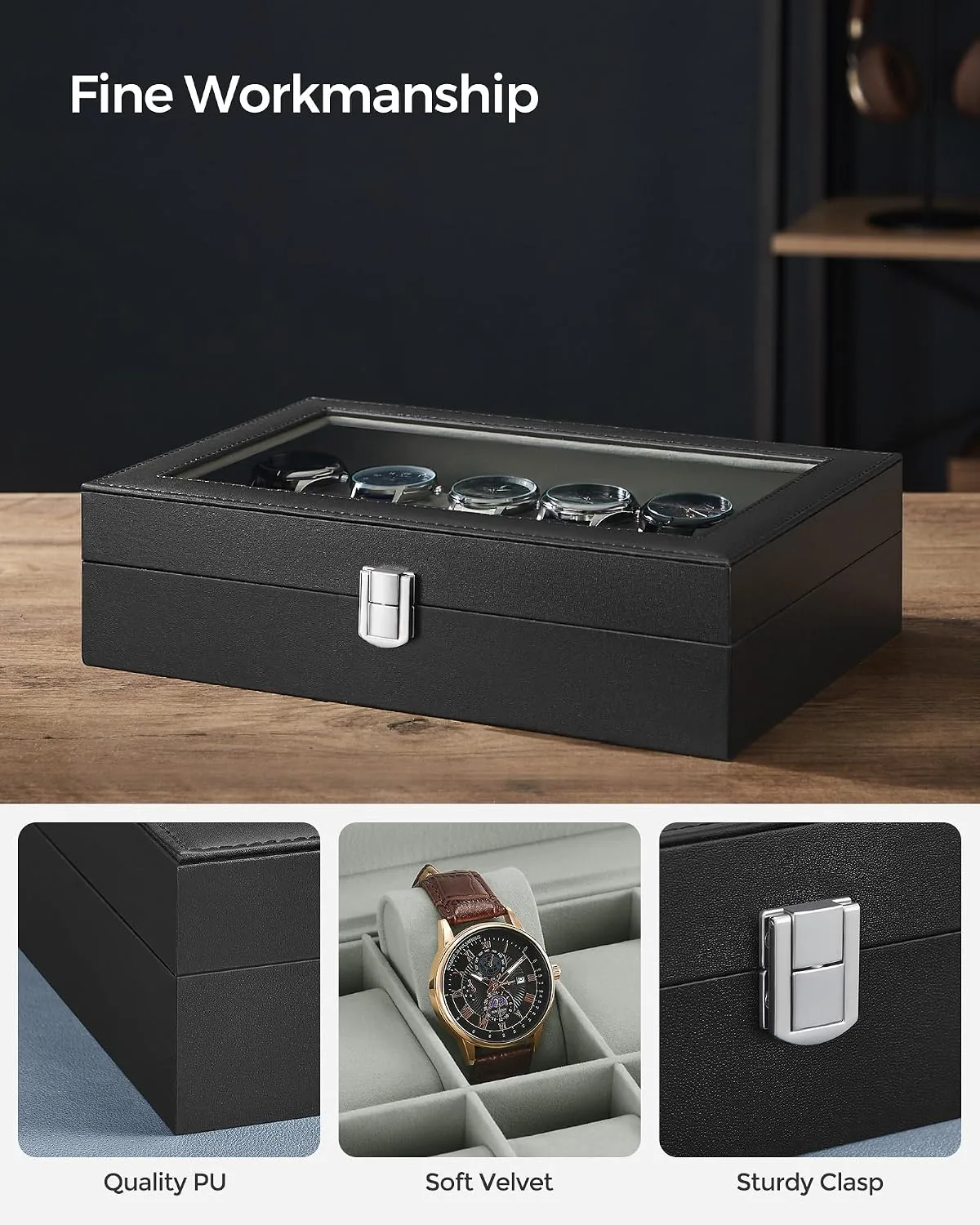 SONGMICS Watch Box, 12-Slot Watch Case Organizer with Large Glass Lid, Removable Pillows, Gift for Loved Ones, Black Synthetic Leather, Gray Lining UJWB12BK
