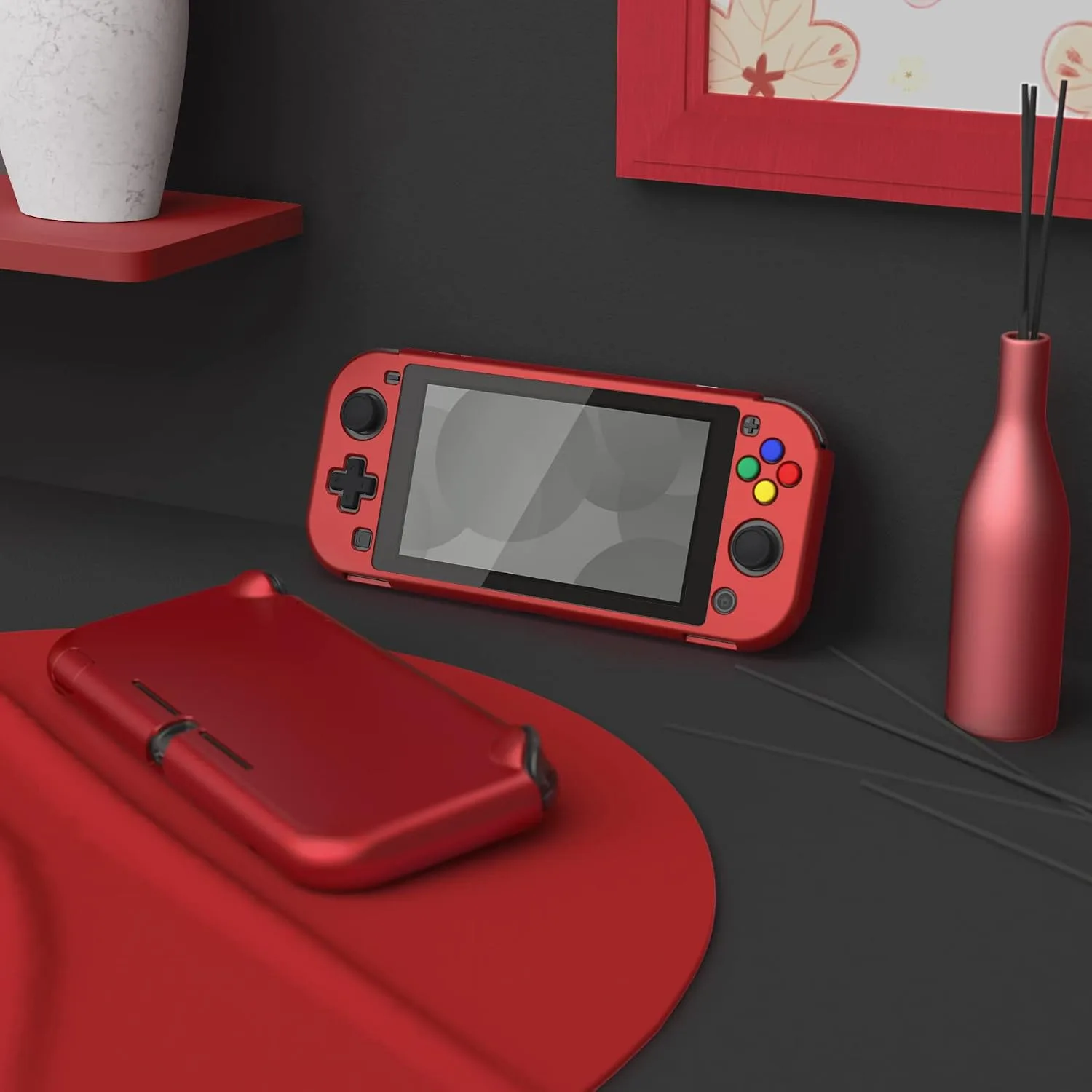 eXtremeRate PlayVital Customized Protective Grip Case for Nintendo Switch Lite, Scarlet Red Hard Cover Protector for Nintendo Switch Lite - 1 x Black Border Tempered Glass Screen Protector Included