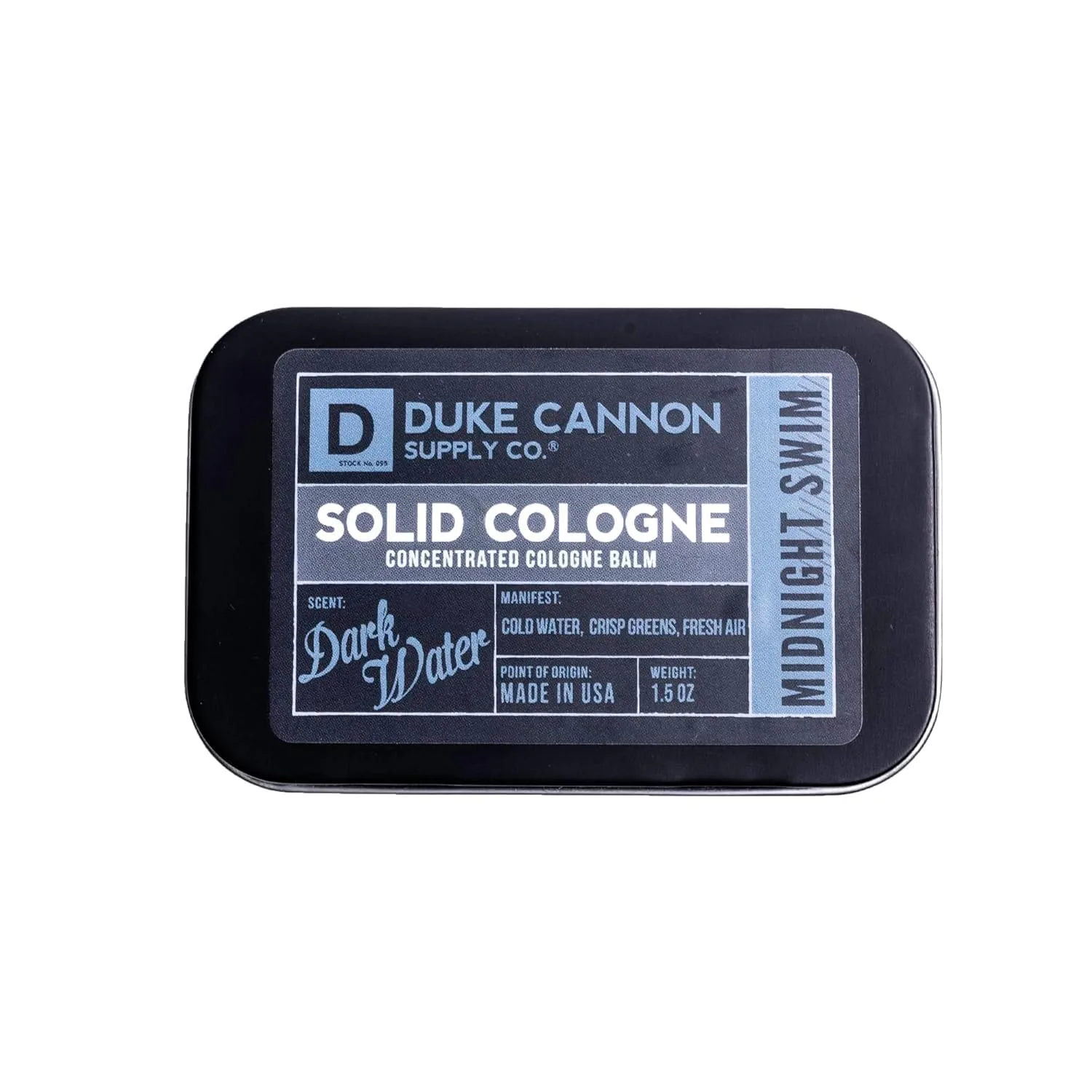 Duke Cannon Supply Co. Solid Cologne for Men Midnight Swim - Cold Water, Crisp Greens, Fresh Air - Concentrated Balm, Travel-Friendly Tin, 1.5 oz (1 unit) (Pack of 2)