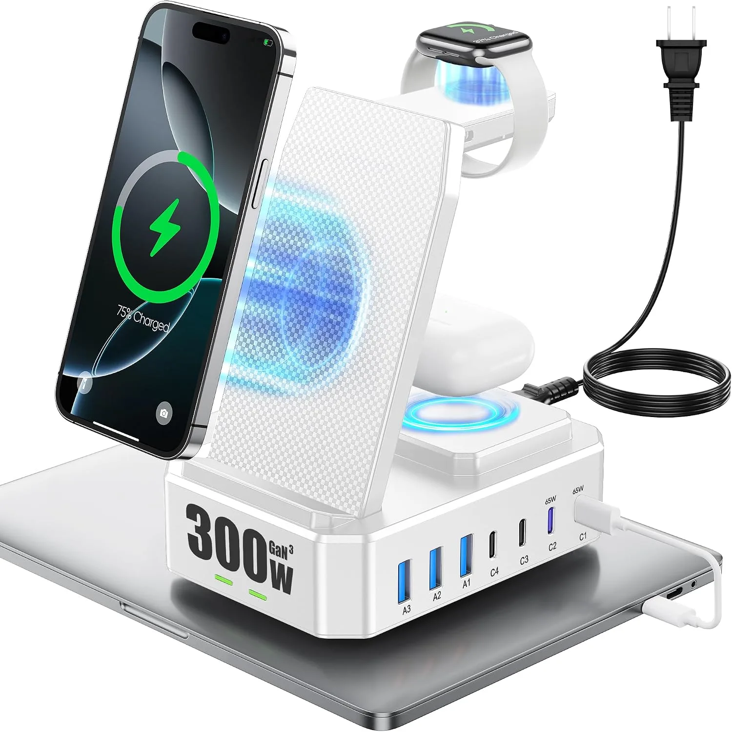 Estación de carga 10 en 1 Zutspzss 300W con cargador inalámbrico para Apple y puertos USB-C y USB-A
