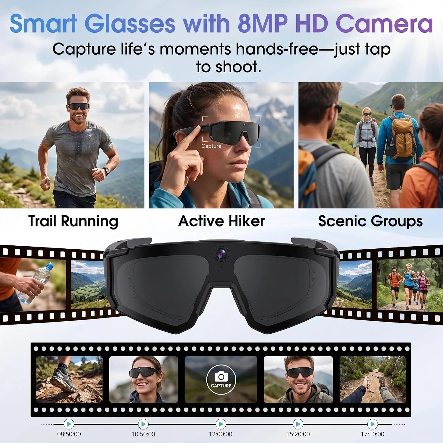 AI Smart Glasses with Camera, Bluetooth Sunglasses for Sports-Black