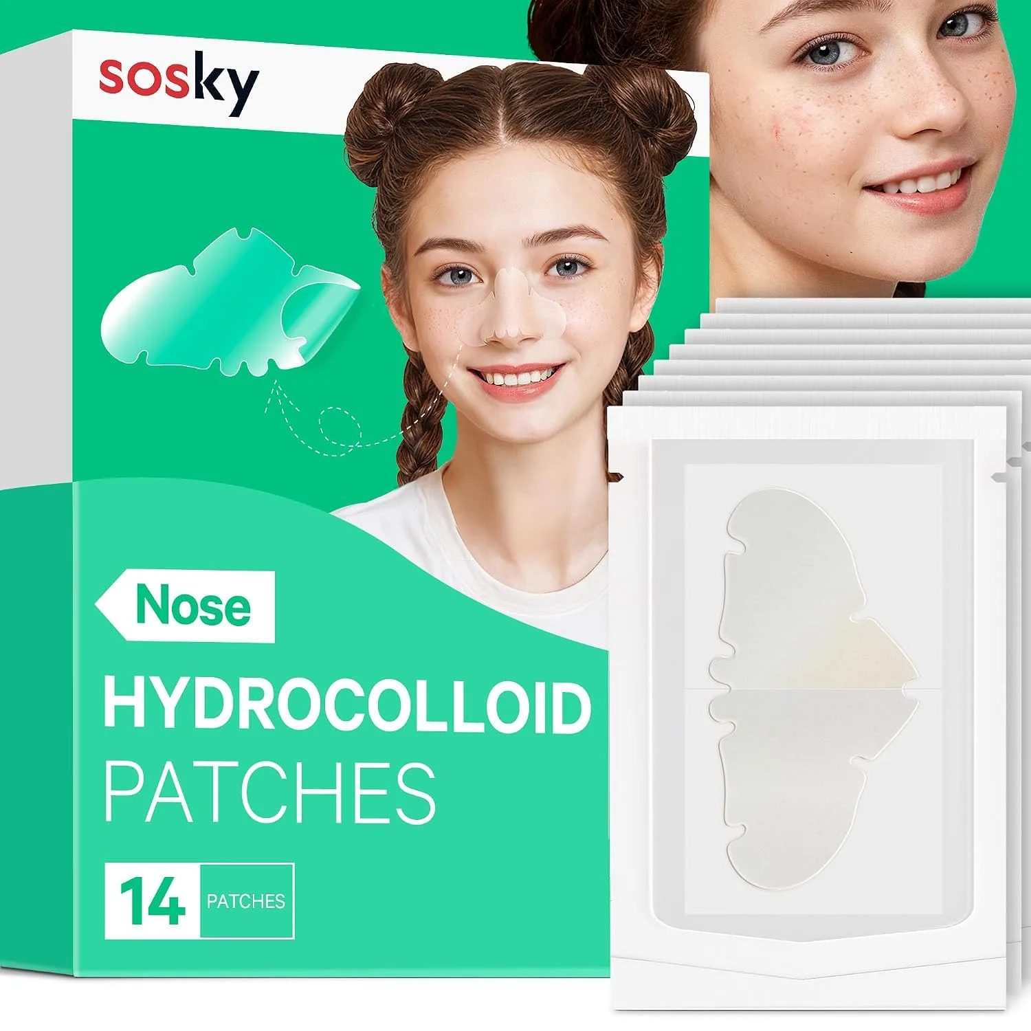 Sosky Nose Pimple Patches, Large Hydrocolloid Nose Pore Strips for Blackheads, Overnight Blackhead Remover Pore Strips, Flexible & Painless Pimple Stickers to Absorb Acne Gunk, 14 Count
