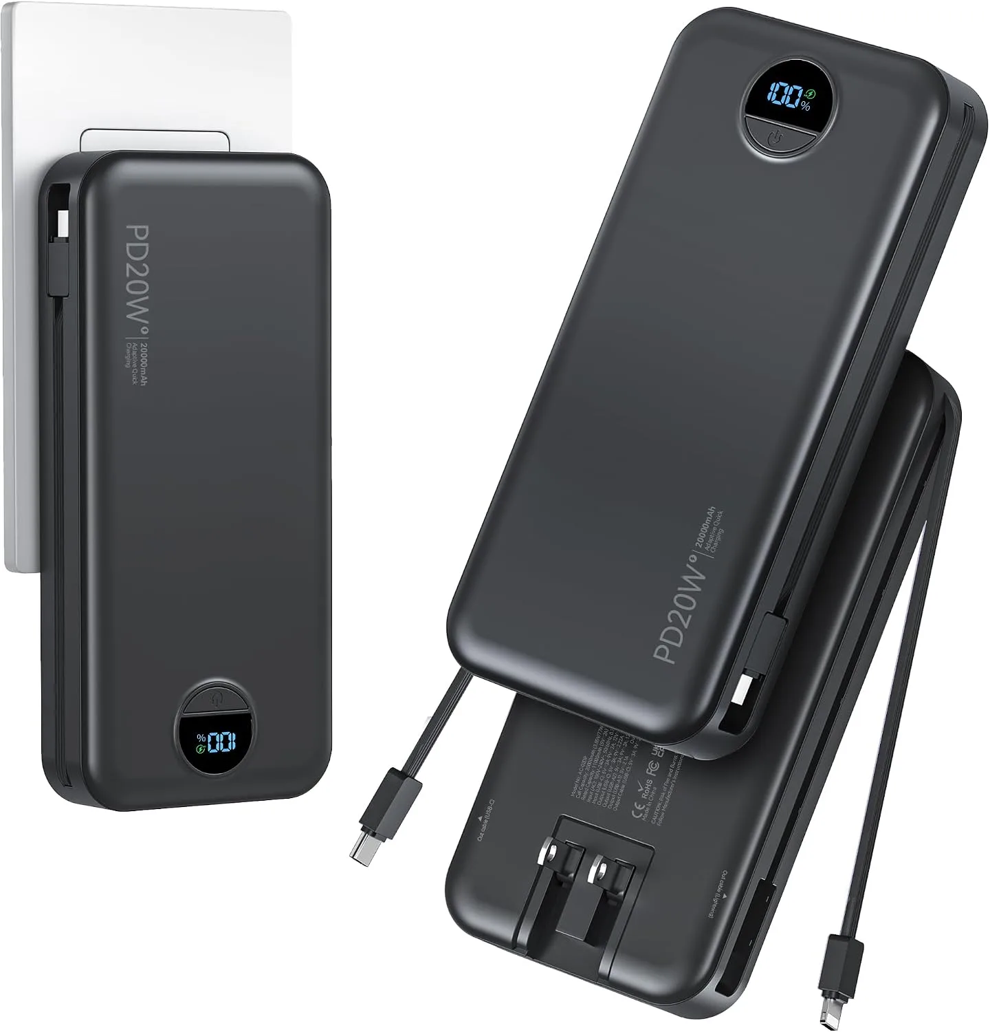 Portable Charger Power Bank 20000mAh with Built in Cables & Wall Plug