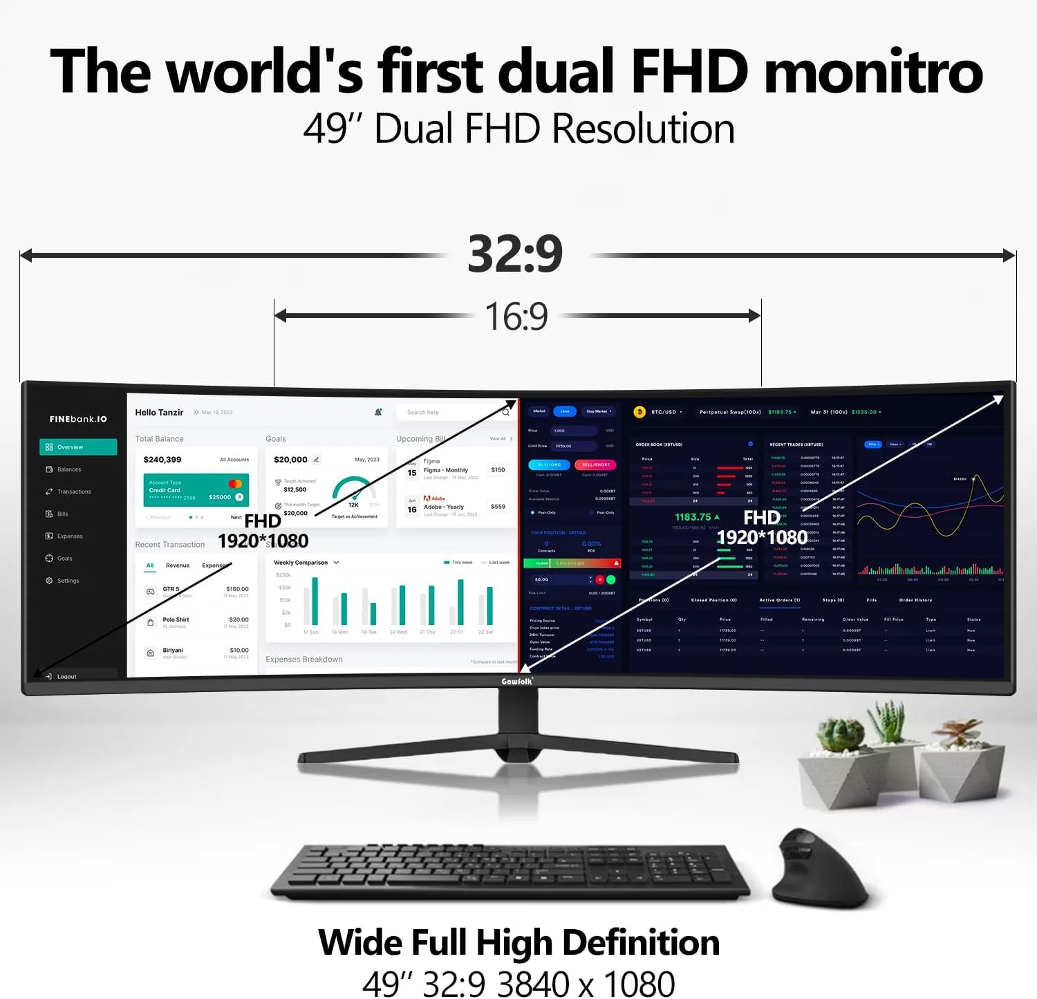 Gawfolk 49 Inch Ultra-Wide Curved Gaming Monitor 165Hz PC Screen 3840x1080