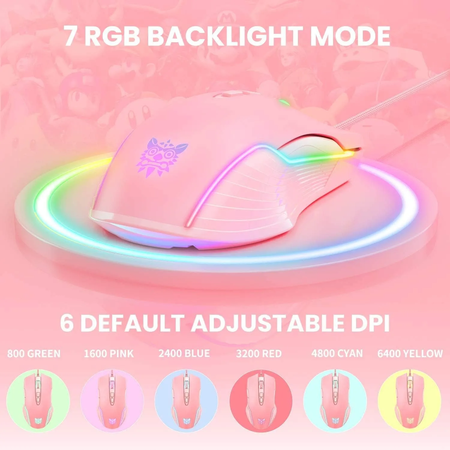 RGB Gaming Mouse Wired, 6400 DPI & 7 Buttons, Pink