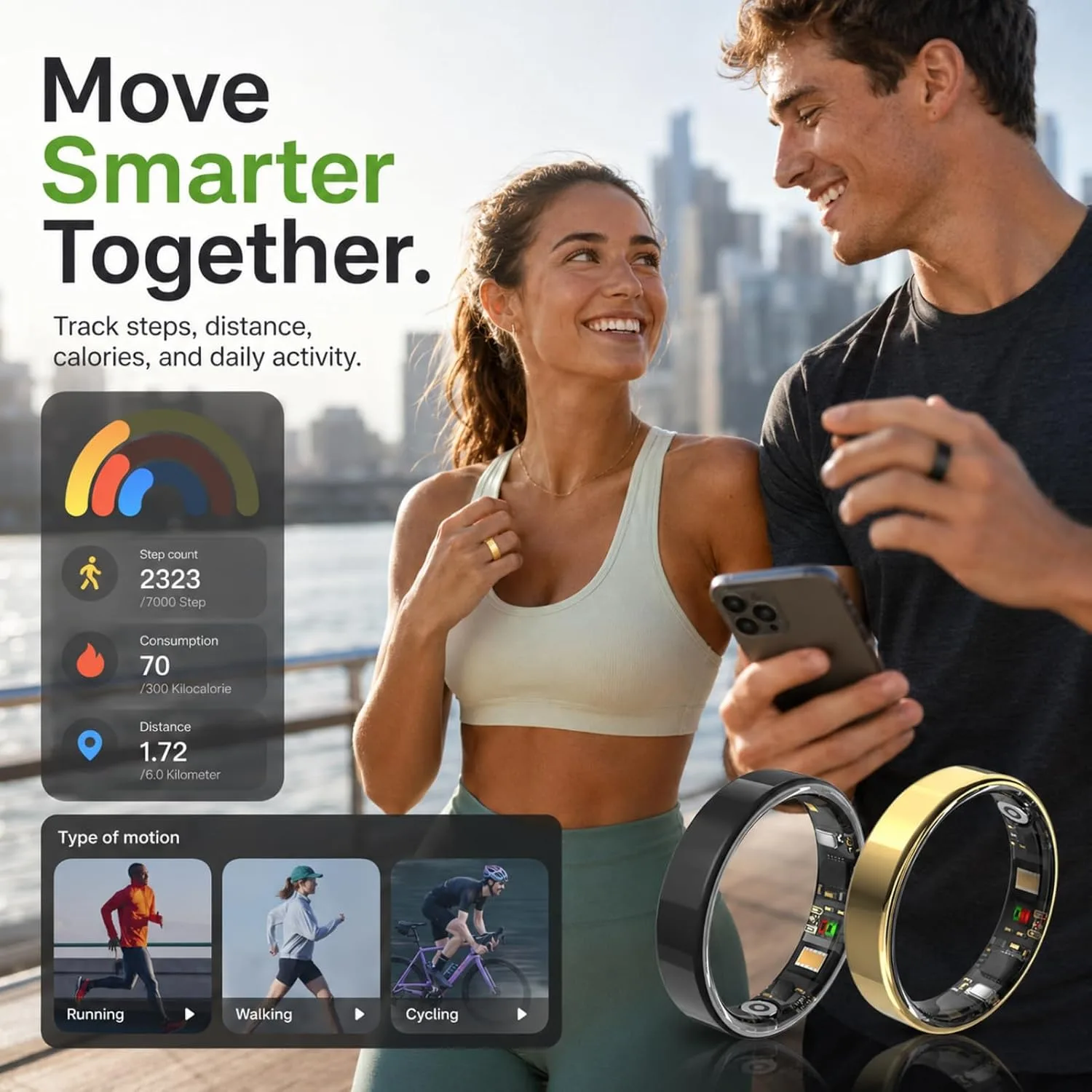 Smart Ring for Women Men, Fitness & Health Tracker with Heart Rate, Blood Oxygen, HRV, Stress, Sleep & Step Tracking, 5ATM Waterproof Smart Ring for iPhone & Android, No Subscription Fee