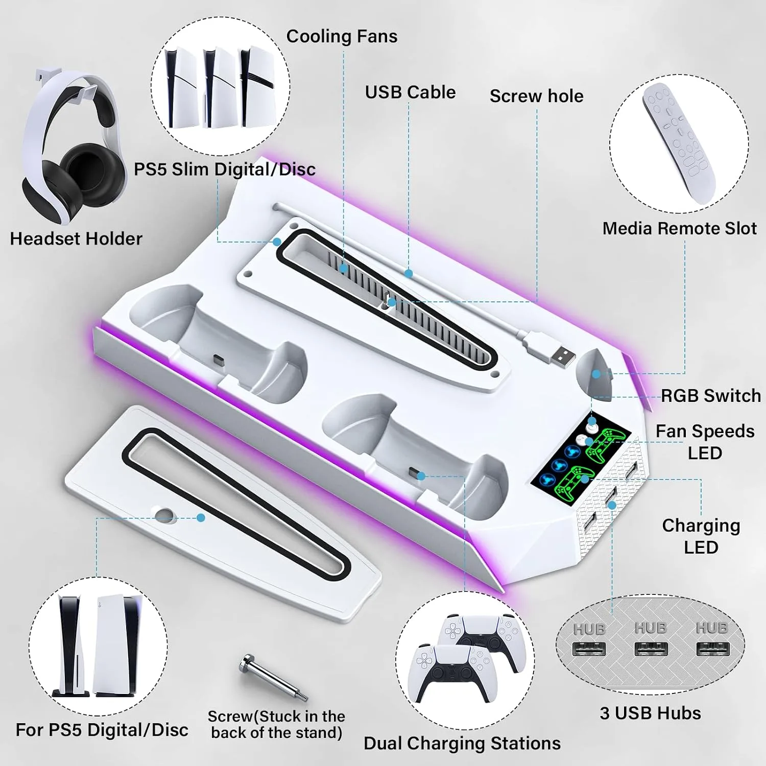 Slim Cooling Station Stand LED with Dual Controller Charging Station for PlayStation 5 Console, PS 5 Accessories Incl. Controller Charger, Cooling Fan, Headset Holder, 3 USB Hub- LED White