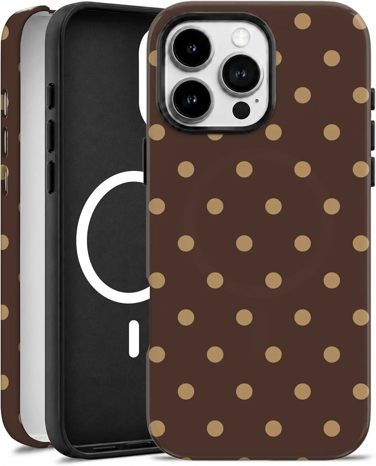 Magnetic for iPhone 16 Pro Phone Case, Brown and Cream Polka Dot