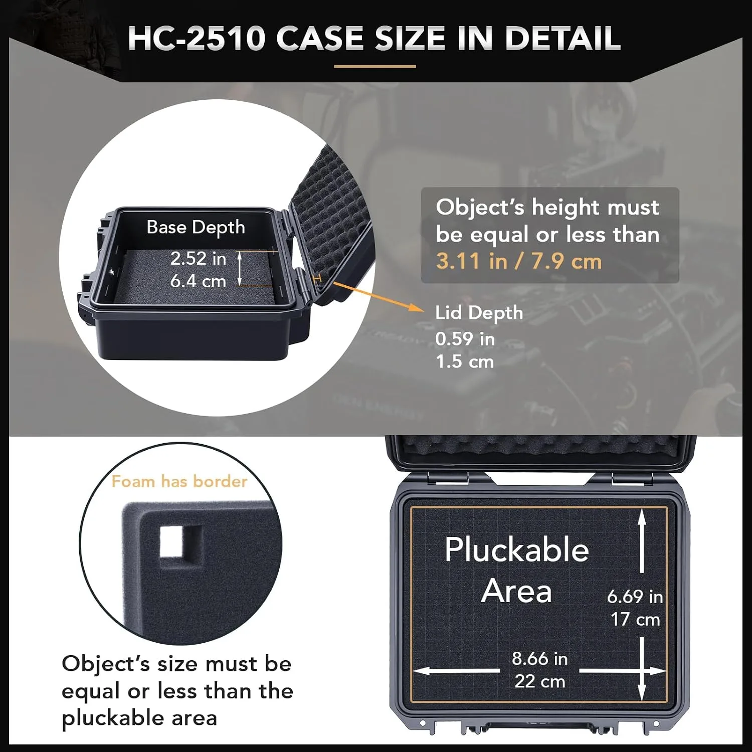 Lykus HC-2510 Waterproof Hard Case with Foam, Inner Size 8.66x6.69x3.11in