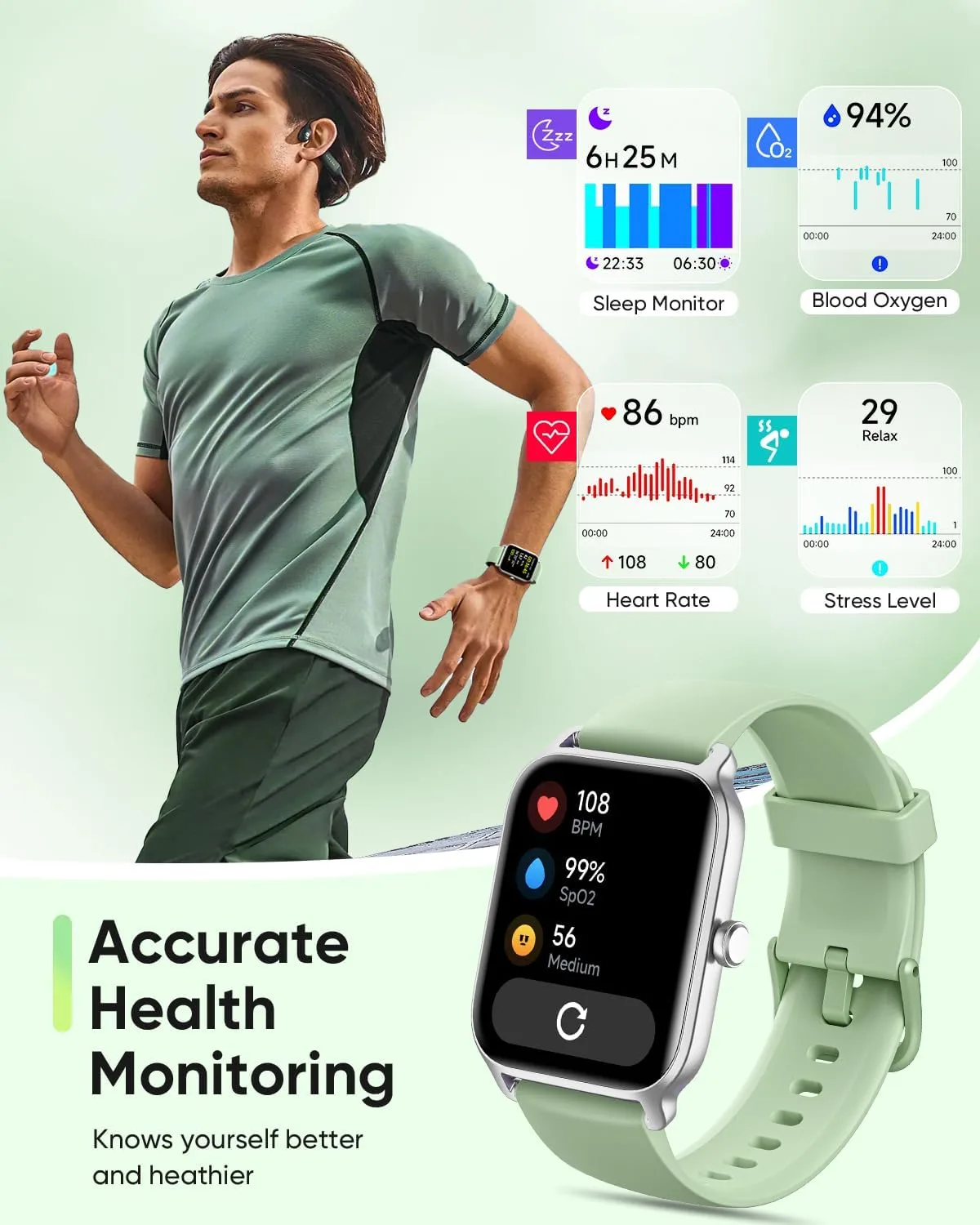 Fitpolo Smart Watch for Men Women Android, Alexa Built-in [1.8" HD Screen] IP68 Waterproof Fitness Watch Bluetooth Call for Android & iPhone with Heart Rate/Sleep/SpO2 Monitor - Green