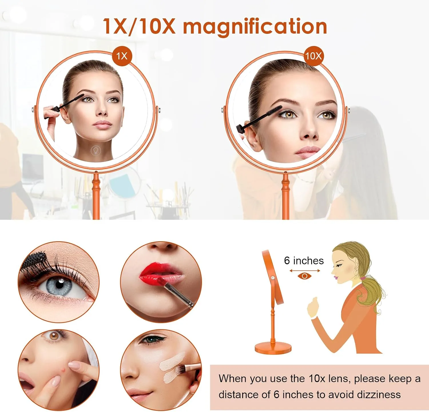DEIOVWXS Makeup Mirror, Rechargeable Vanity Mirror with 3 Lights, 1X/10X