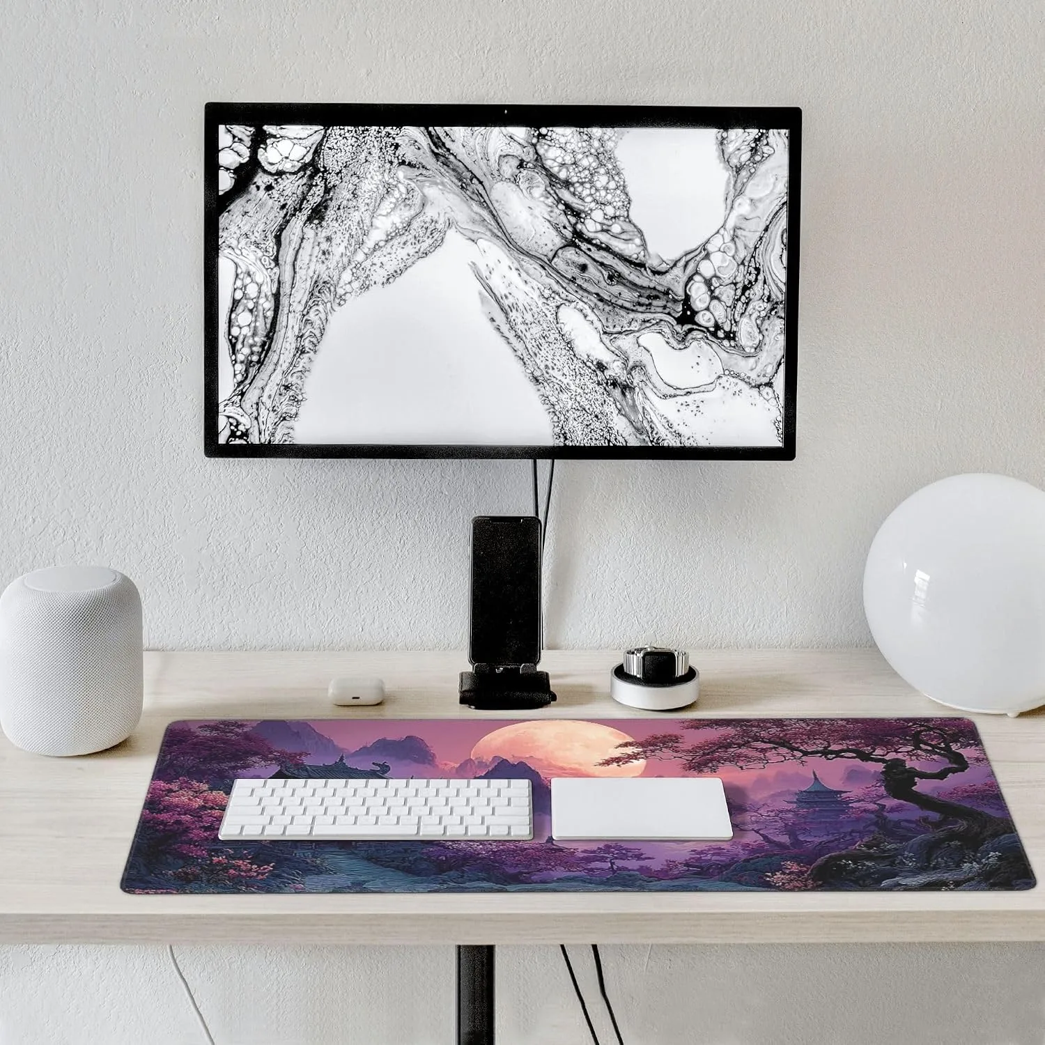 Large Gaming Desk Mat, Fantasy Japanese Temple Design, Purple, 35.4" x 15.7", Non-Slip Rubber Base, Stitched Edges