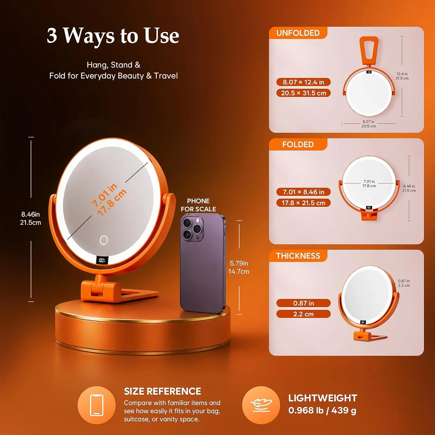 1X/30X Makeup Mirror with Lights, Magnifying Mirror (Orange)