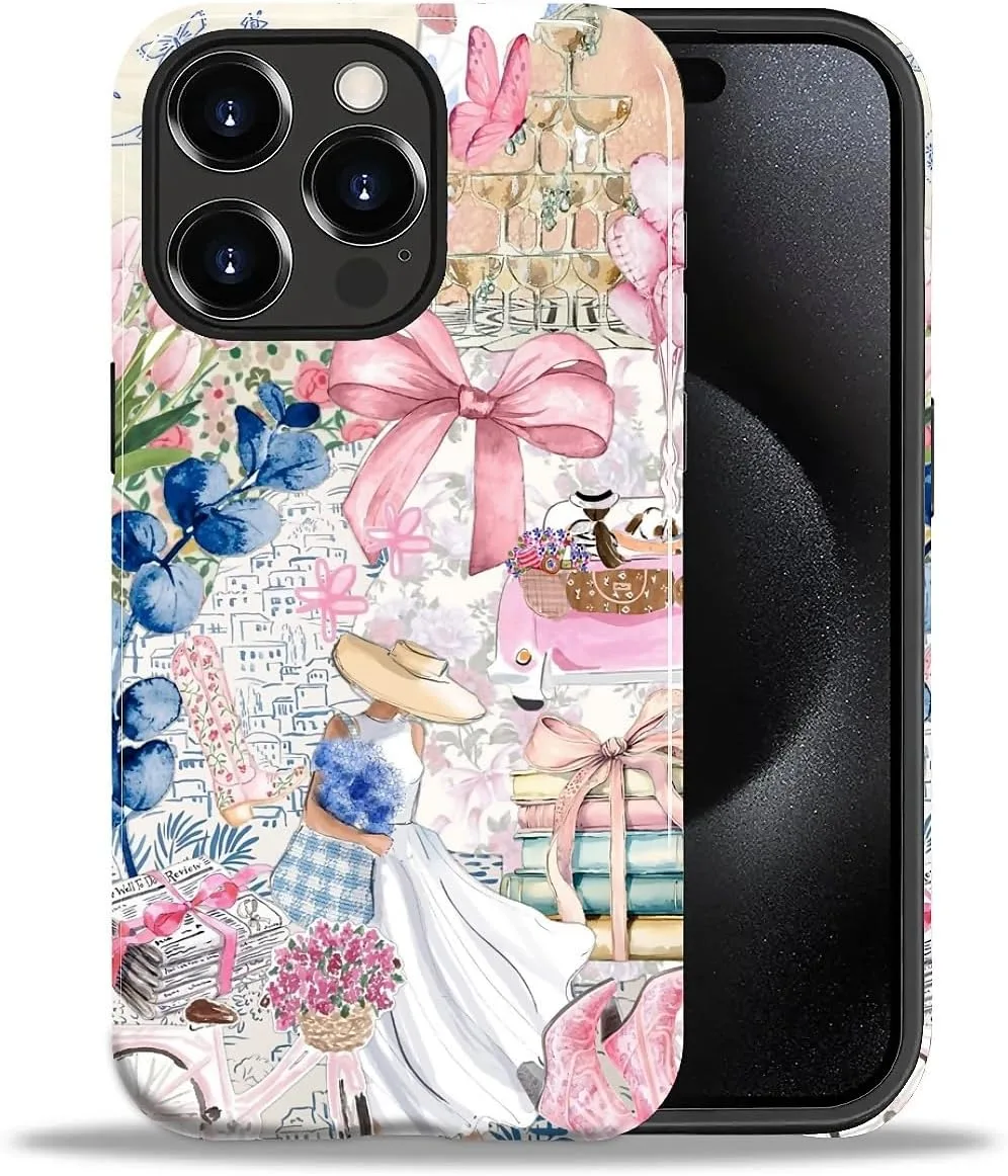 DAIZAG Case for iPhone 15 Pro Max,Mixed 2 Layer Design Shockproof Soft TPU Ddouble Protection Phone Case for iPhone 15 Pro Max-Magazine Books Flower Bow Collage